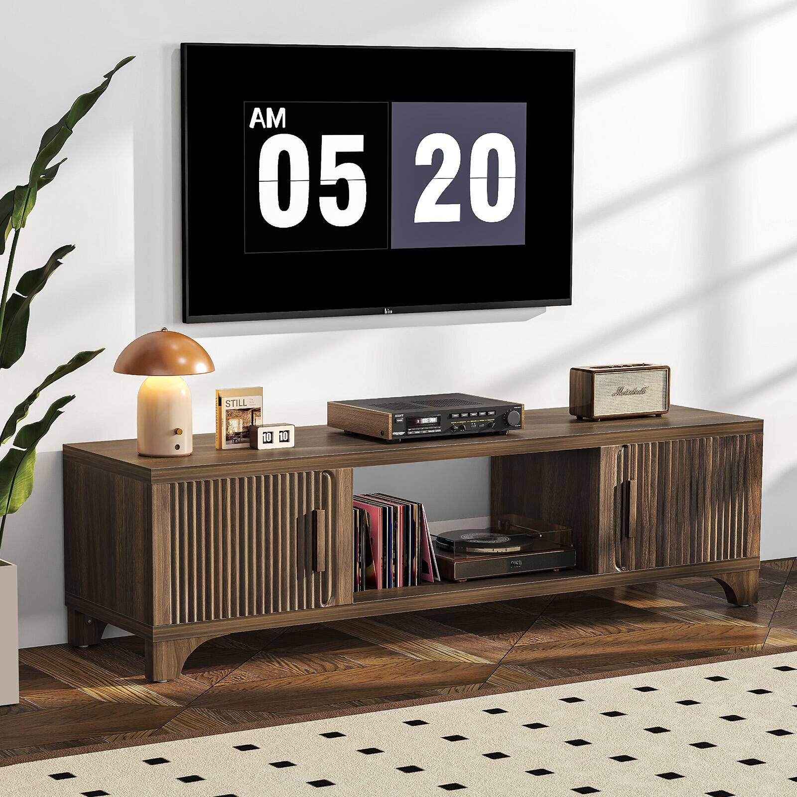 Angle. Sugift - 58" Mid Century Modern TV Stand for TVs up to 80 Inches with Storage Media Console Cabinet - Brwon.