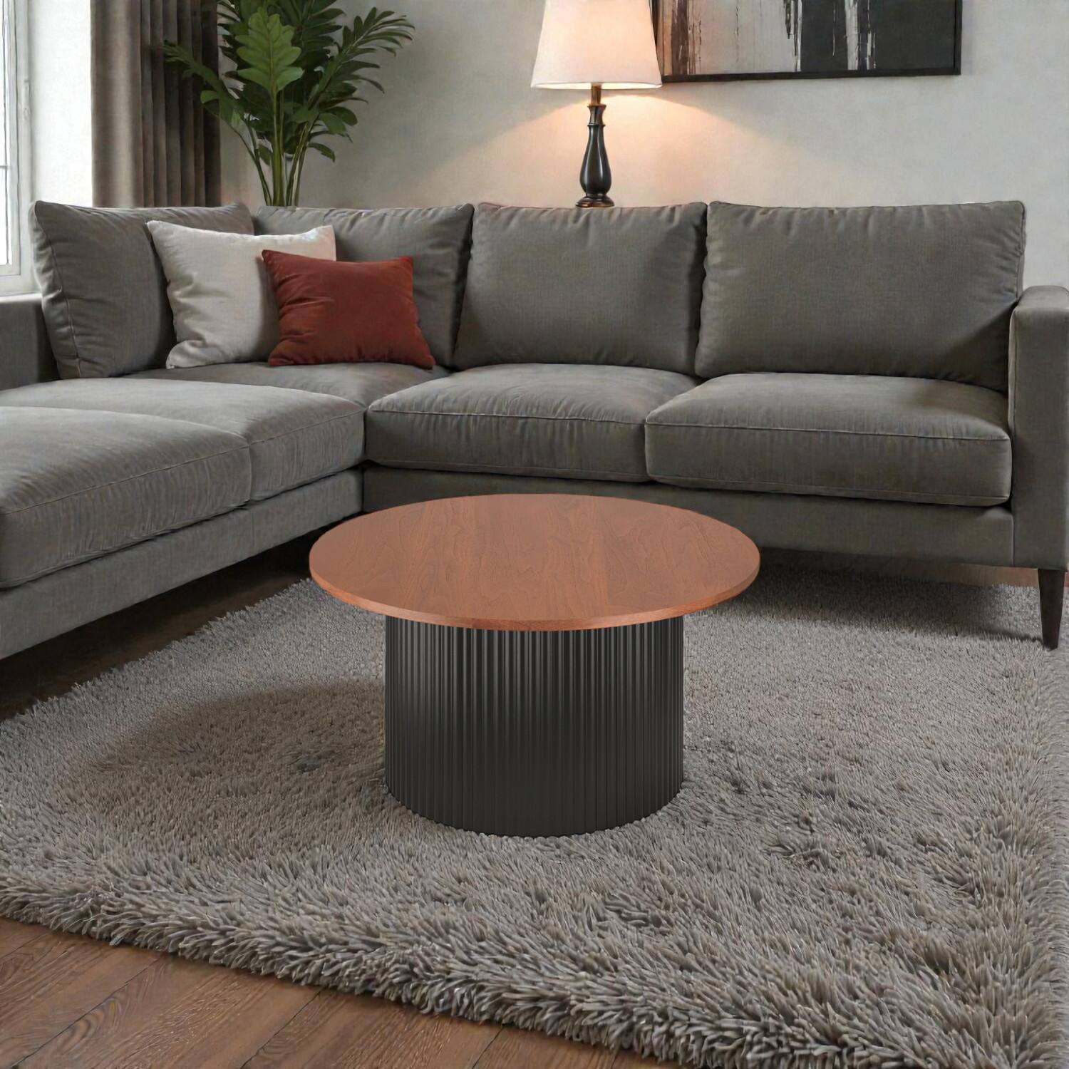 Front. Hivvago - Contemporary Round Coffee Table with Robust Wooden Frame and Surface - Walnut, Black.