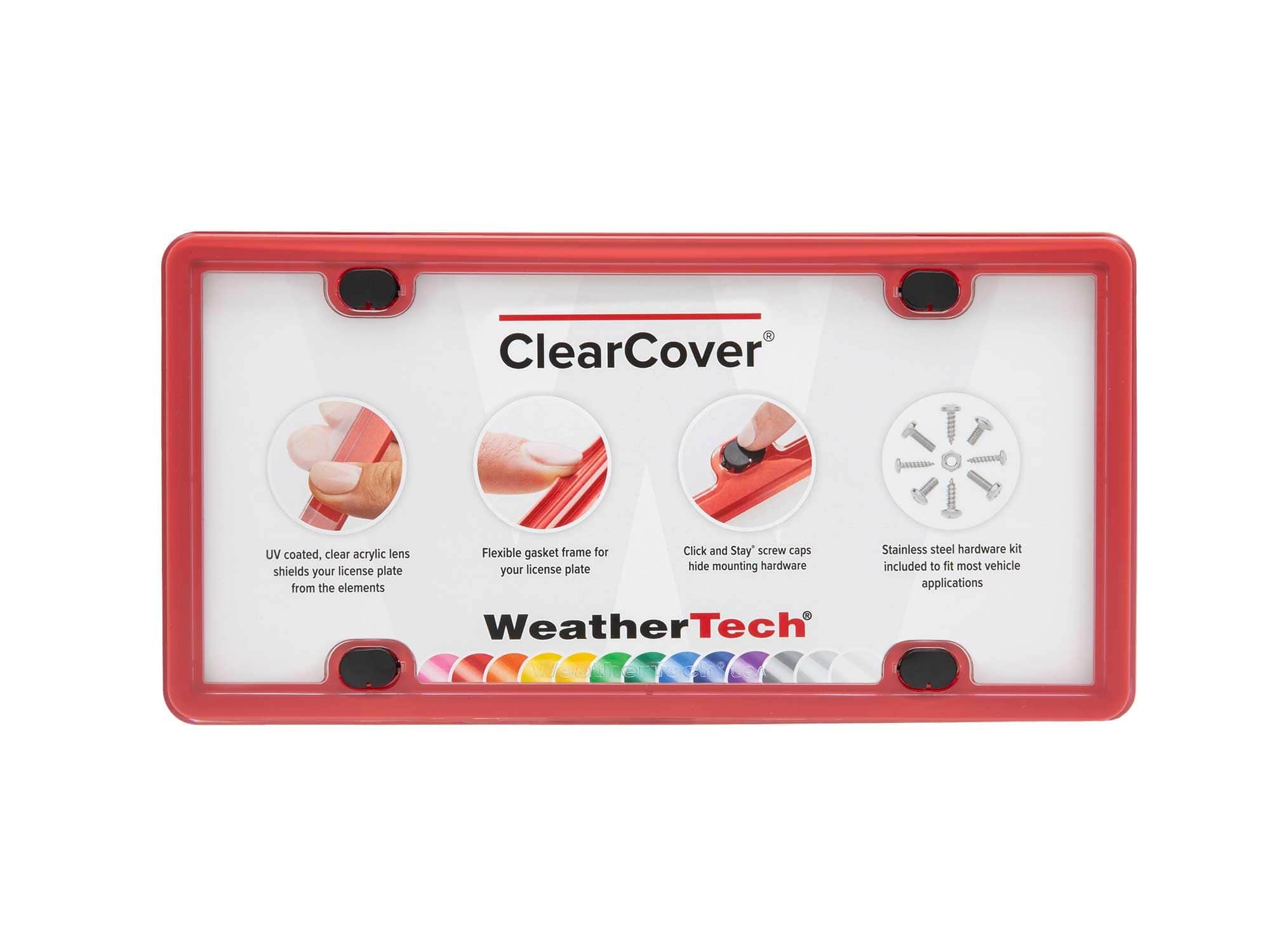 WeatherTech - ClearCover | License Plate Frame with Clear Cover Lens, Multi-Flex Gasket and Stainless Steel Hardware - Red