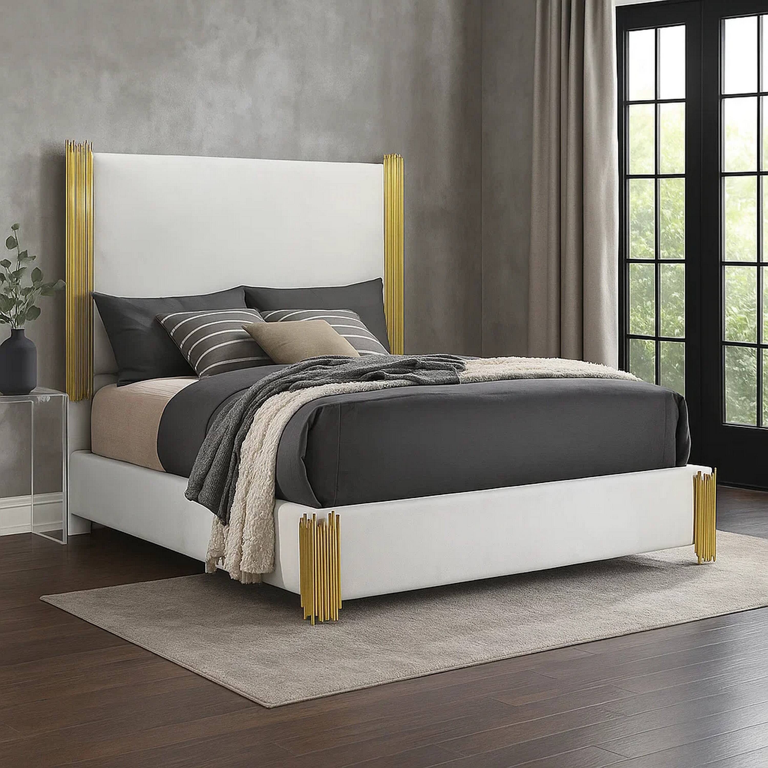 Alt View 6. Manhattan Lane - Dyl Queen Bed, Soft Foam Upholstered, White Fabric, Gold Accent Posts - White, Gold.