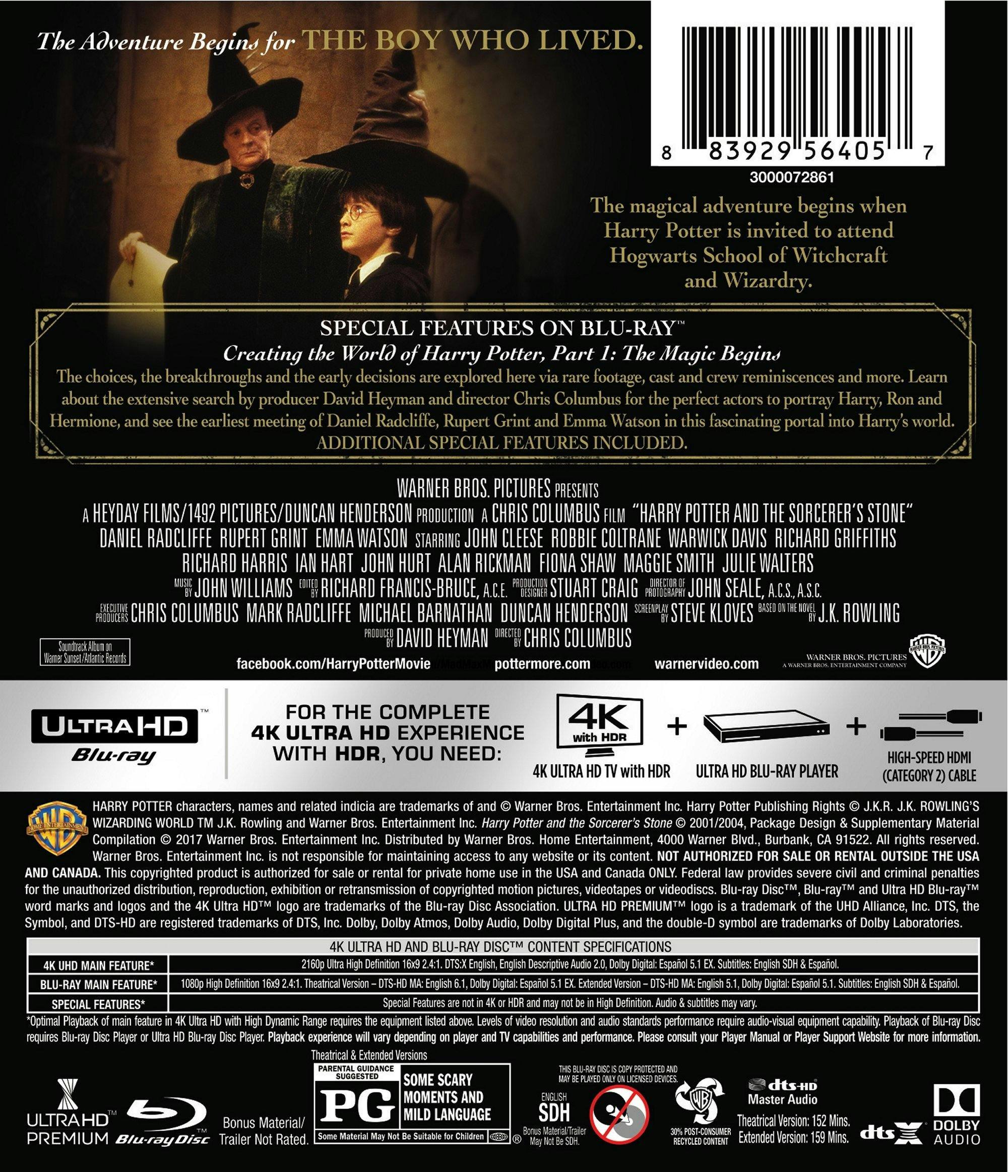 Back. Harry Potter and the Sorcerer's Stone   - 4K Blu-Ray.