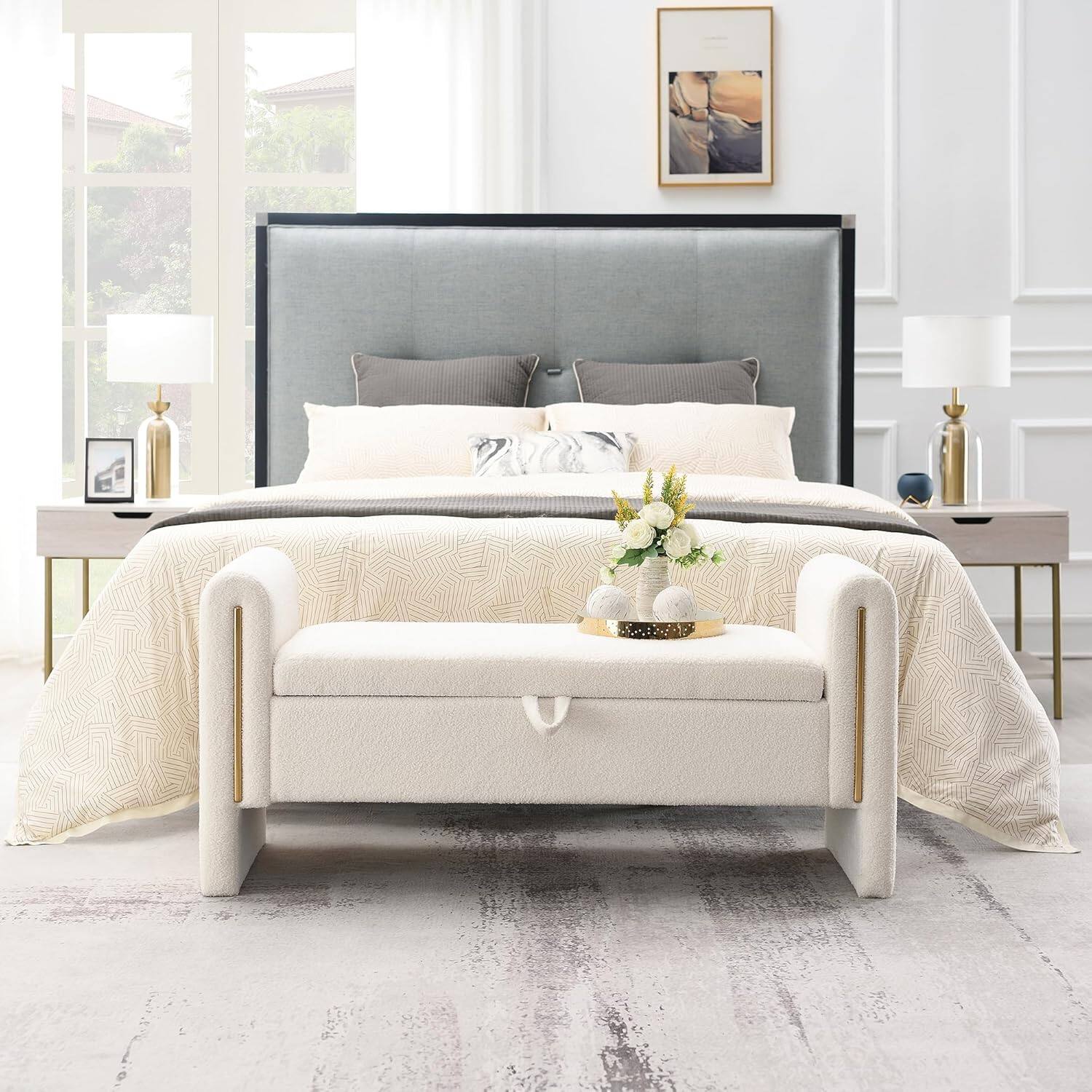 Alt View 5. Trinkets Crazed - Modern 52" Storage Ottoman Bench, Upholstered End of Bed Storage Bench with Armrests - cream.