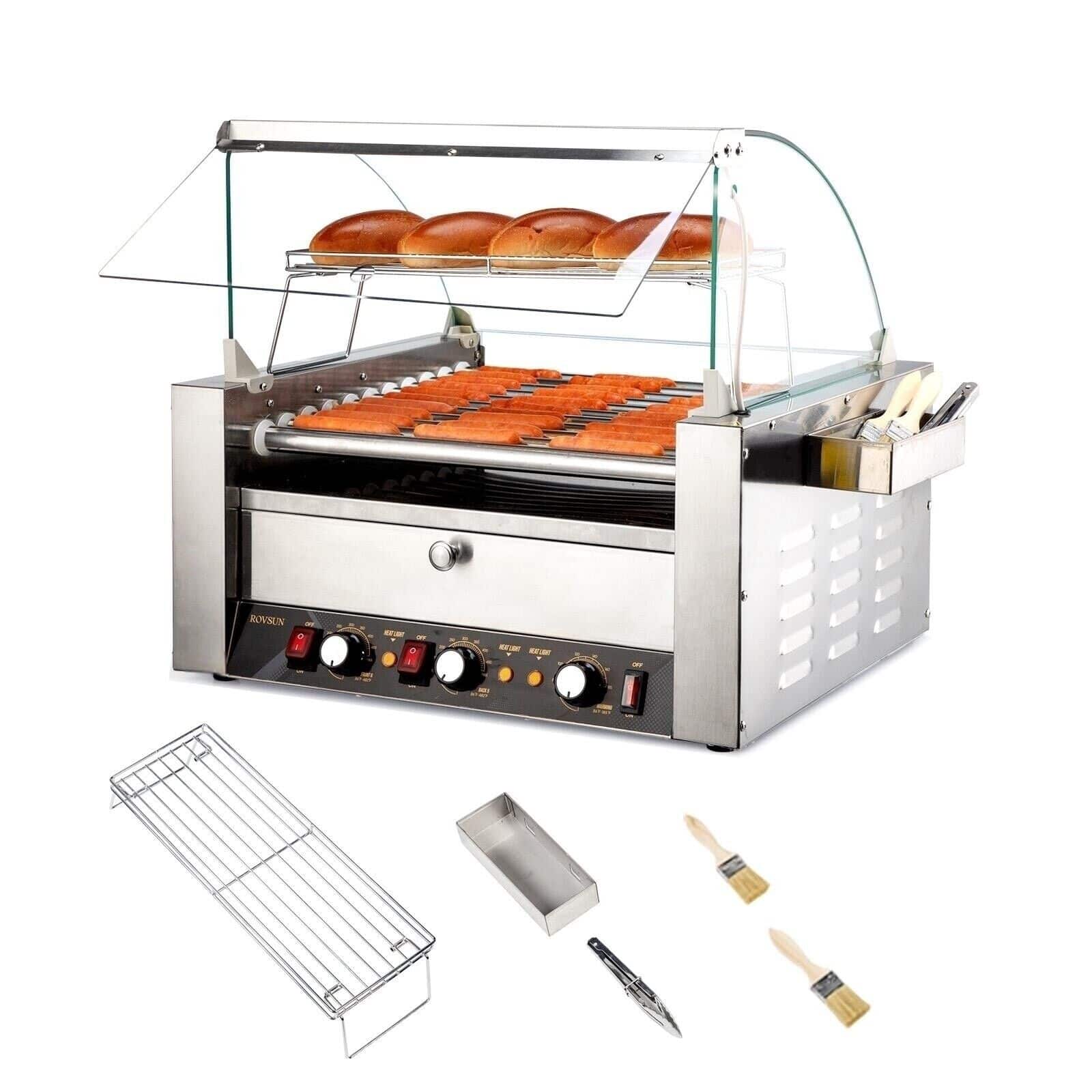 Winado - Commercial Electric 30 Hot Dog 11 Roller Grill Cooker Machine with Bun Warmer, Dual Temp Control, Glass Cover, Drip Tray - Silver