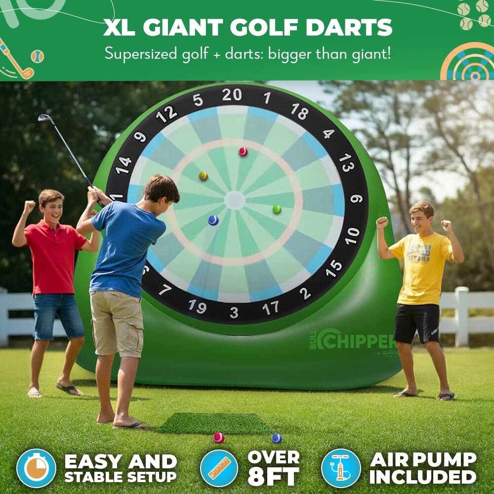 XL GIANT GOLF DARTS  
Supersized golf + darts: bigger than giant!  

EASY AND STABLE SETUP  
OVER 8FT  
AIR PUMP INCLUDED