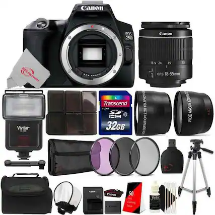 Canon EOS 250D
Canon EFS 18-55mm
Vivitar Flash
Transcend 32GB SDHC Card
Vivitar Wide Angle Lens
Vivitar Telephoto Lens
Canon Lens Cleaning Tissue
Canon Lens Cleaning Solution
Camera Bag
Tripod
Filters (UV, CPL)
Camera Strap
Camera Cleaning Kit
Ted's Electronics
