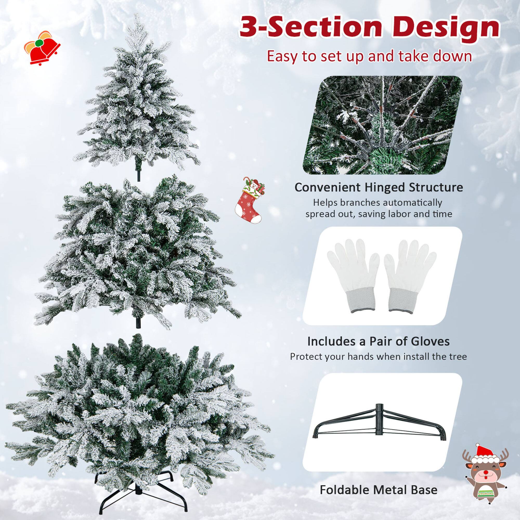 3-Section Design  
Easy to set up and take down  

Convenient Hinged Structure  
Helps branches automatically spread out, saving labor and time  

Includes a Pair of Gloves  
Protect your hands when install the tree  

Foldable Metal Base