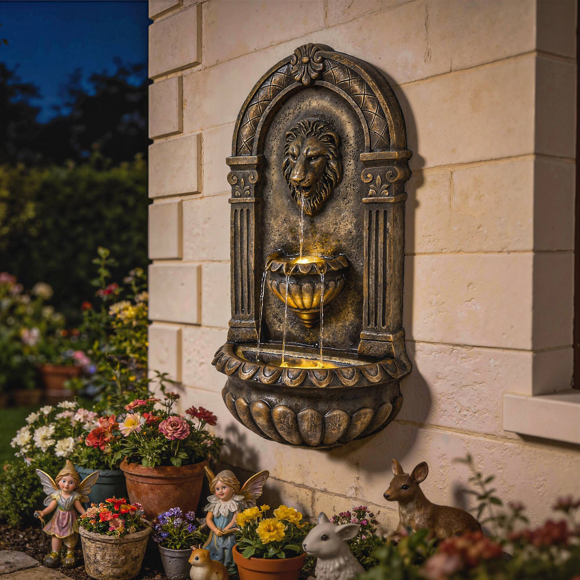 Alt View 1. Outsunny - 31" Wall-Mounted 3-Tier Outdoor Fountain, Cascading Waterfall Feature with LED Lights and Adjustable Flow.