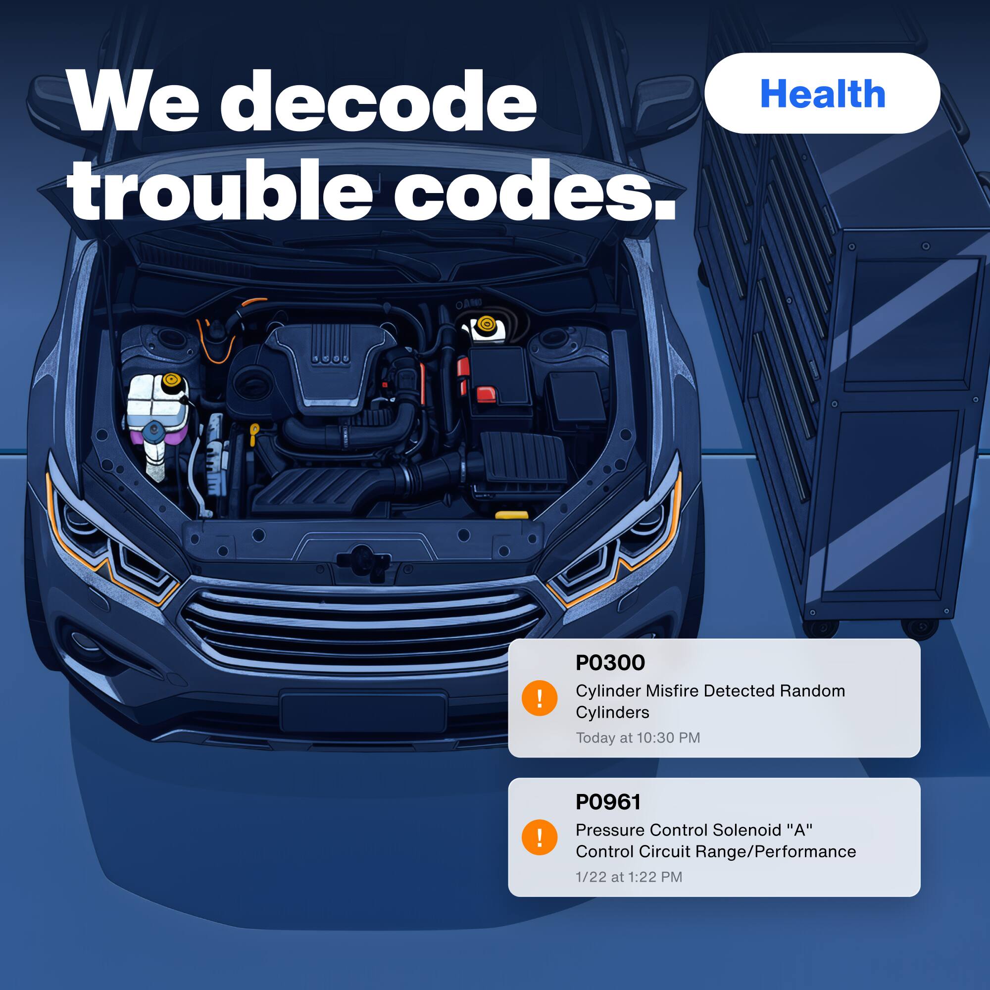 We decode Health trouble codes.  
OAN!  
P0300 Cylinder Misfire Detected Random Cylinders  
Today at 10:30 PM  
P0961 Pressure Control Solenoid "A" Control Circuit Range/Performance  
1/22 at 1:22 PM