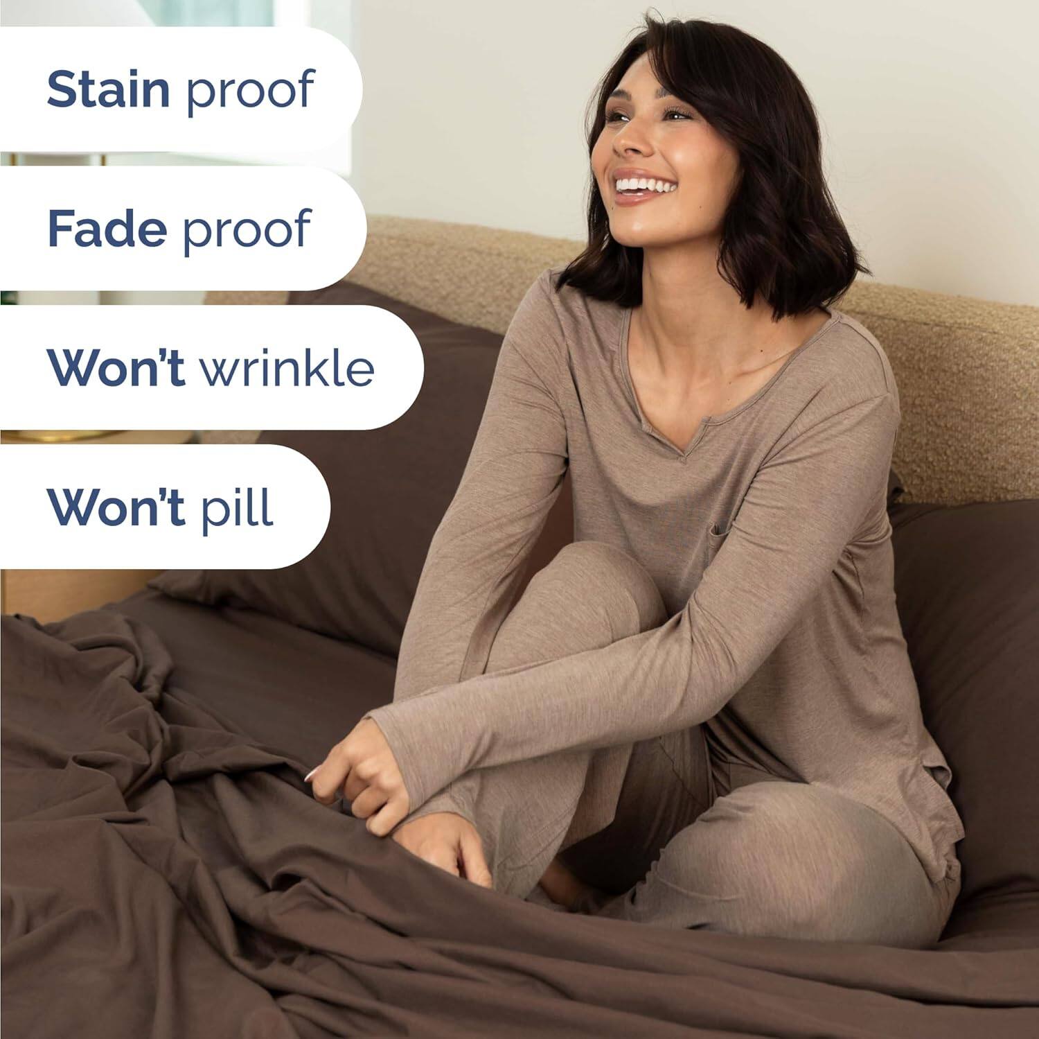 Stain proof  
Fade proof  
Won't wrinkle  
Won't pill