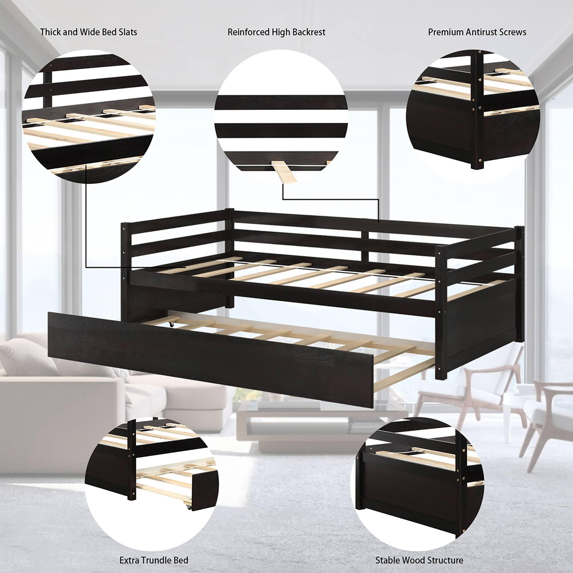 Alt View 7. Costway - Costway Twin Size Trundle Daybed Wooden Slat Support Mattress Platform - Espresso.