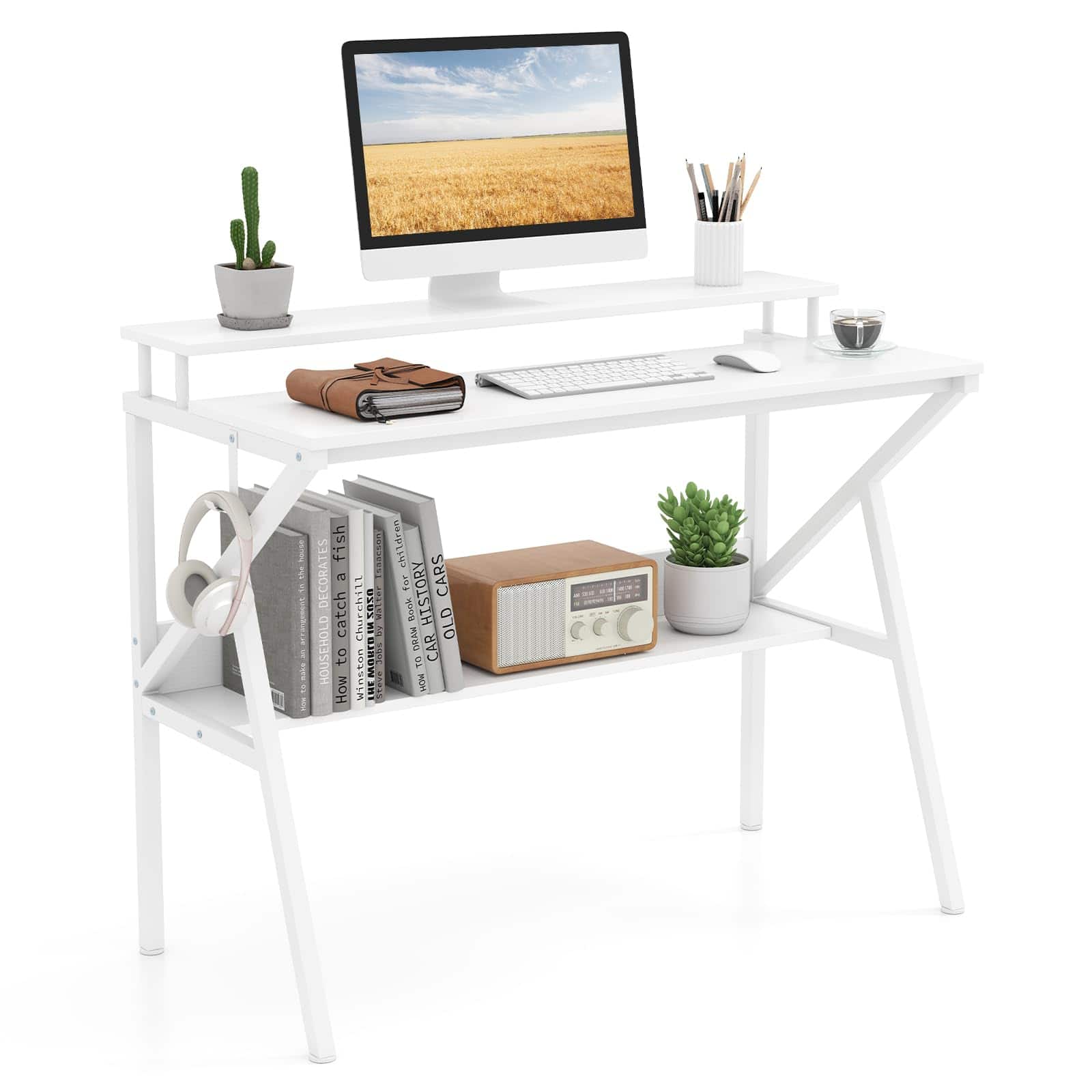 Ecooso - Space-Saving Computer Desk with Monitor Stand and Storage Shelf, Work and Study Desk - White
