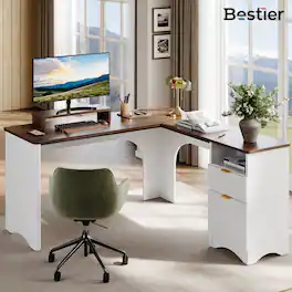 Bestier - 55 Inch L-Shaped Computer Desk with File Drawer and Monitor Stand - Walnut