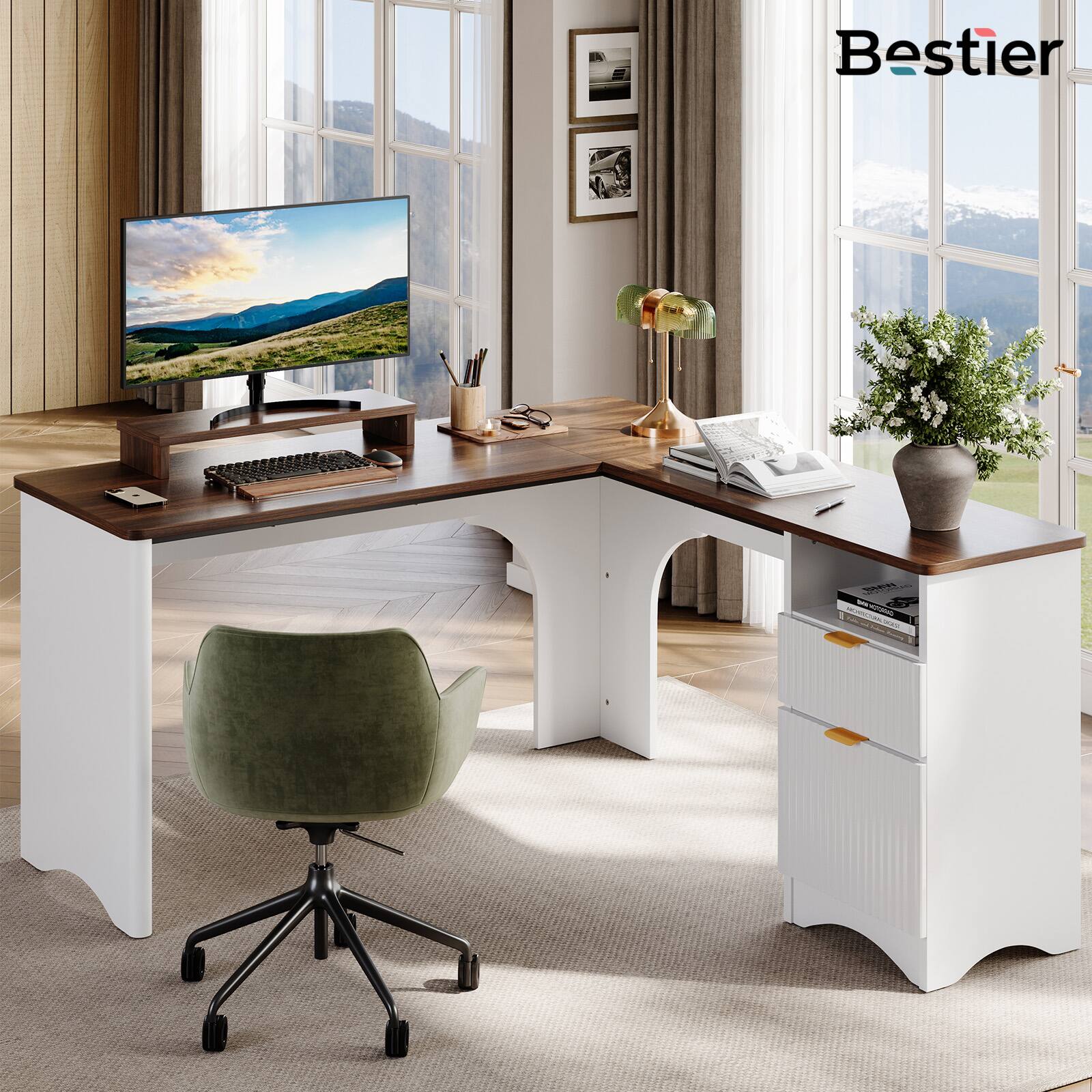 Alt View 5. Bestier - 55inch L-Shaped Computer Desk with File Drawer Monitor Stand and Fluted Panels Office Desk - Walnut.