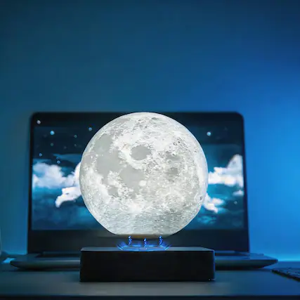 Front. Malletson - Magnetic Levitation Moon Lamp, 6-Inch 3D Realistic Lunar Surface with 360° Automatic Rotation, Floating LED Light.