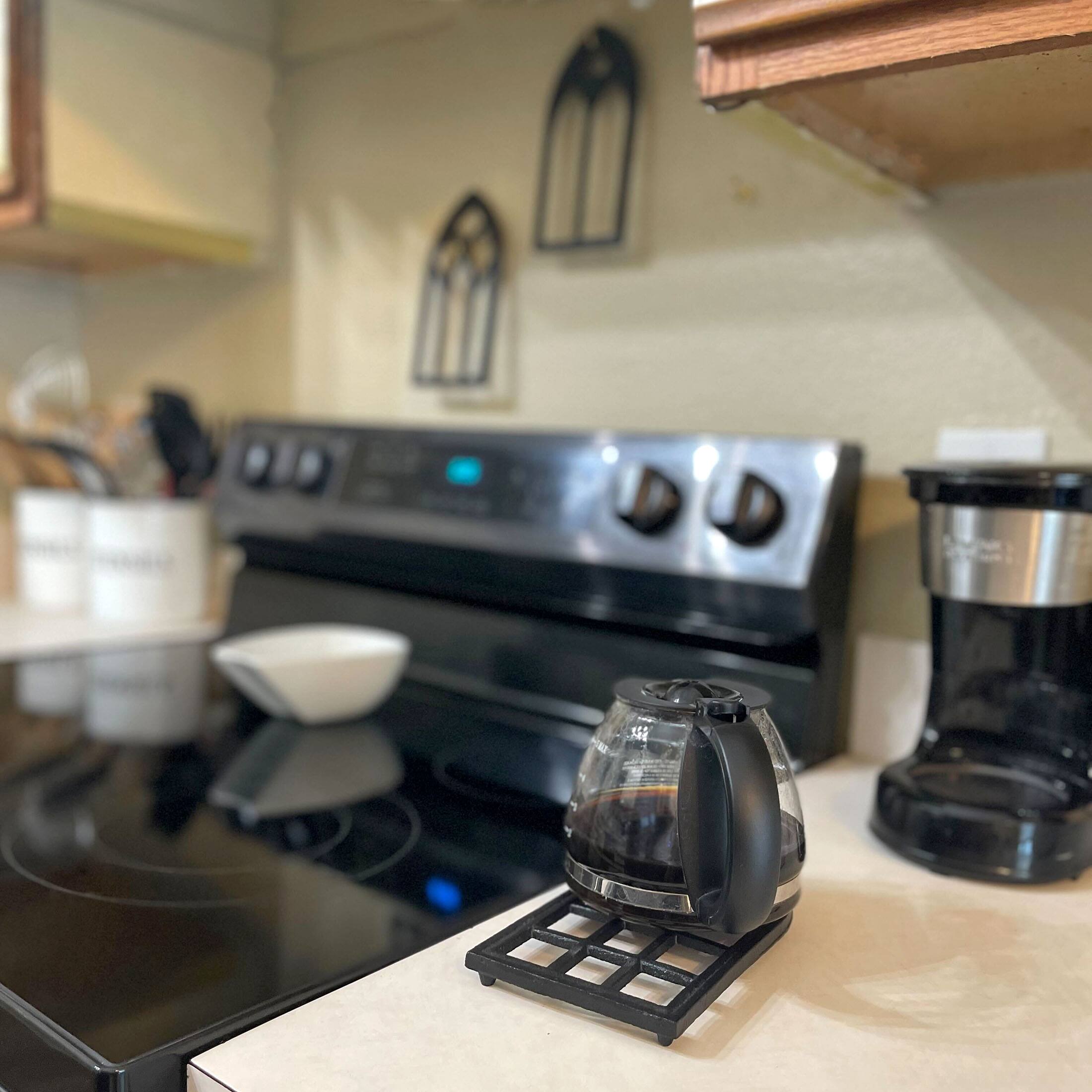 Alt View 3. Zeckos - Set of 3 Black Cast Iron Gothic Cathedral Window Design Kitchen Trivets - Brown.