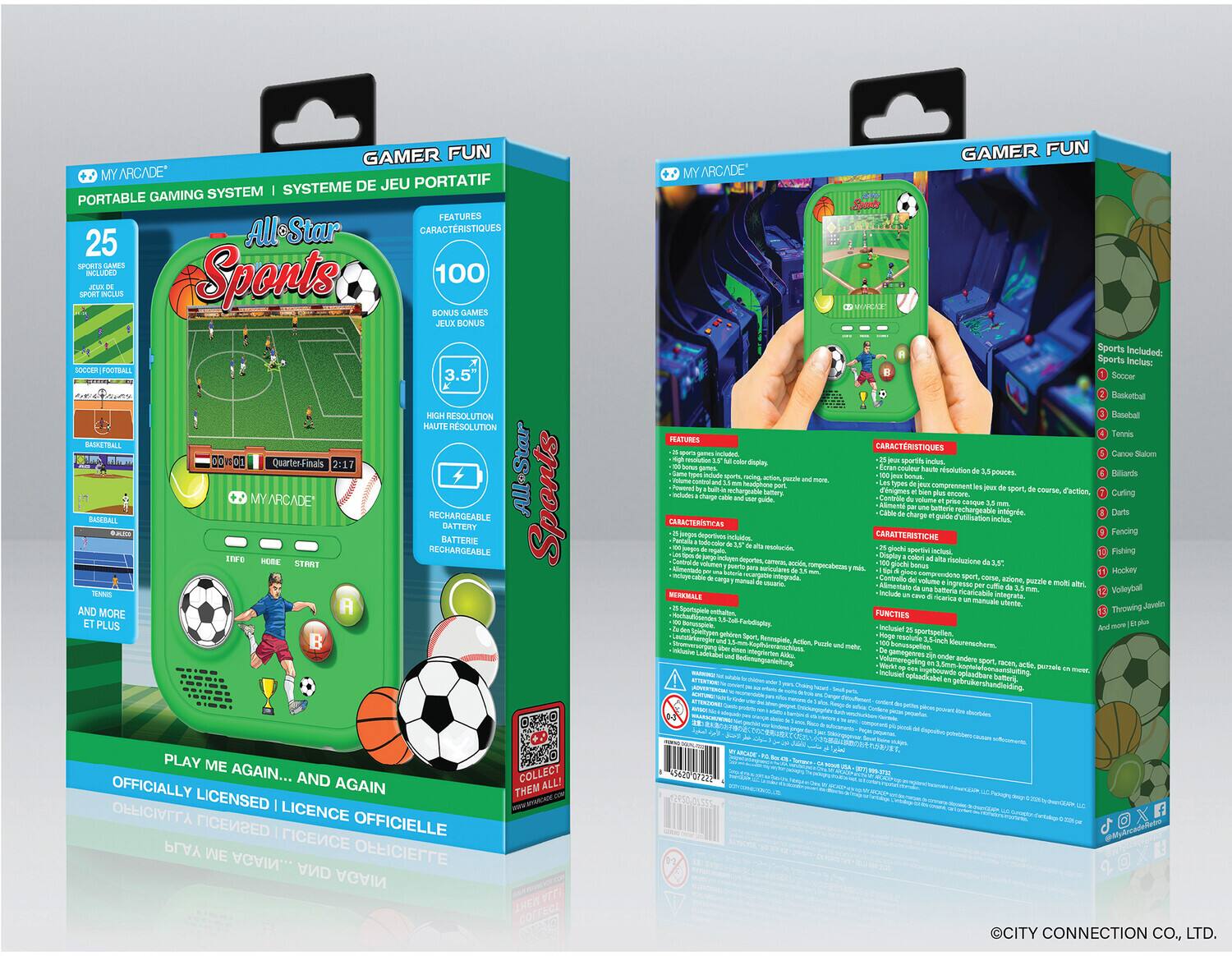 GAMER FUN MY ARCADE SYSTEME DE JEU PORTATIF PORTABLE GAMING SYSTEM FEATURES All-Star CARACTERISTIQUES 25 SPORTS GAMES BONUS JUX BONUS SOCCER FOOTBALL RESOLUTION HAUTE RESOLUTION 1n 00w01 QuarterFinals 2:17 MYARCADE RECHARGEABLE ms-m Sponts BATEBALL BATTERY BATTERIE RECHARGEABLE AND MORE A PLUS GAMER FUN MYARCADE Buna Sports Included: Sports Inclus: Soccer Bankethal Basobal Tennis PATURES CARACTERISTIQUES Caroe Sakes -da doplag sportt inclus. rsulution Spouces. Rilars nopered Reodphone compresment mctargeate tatliry Tangmes oare Faction, Curting - Contrile Alimente ceoque Detterie recterpeat -Cable charge intgrie. Darts 'utilisation inclus CARACTERISTIQUES nges CARATTERISTICHE Fencing -art incuidus mcr moofucde giochi pr ces Fishing lo incliges ty deportes n rroolualume d35! aericutarms rompocal