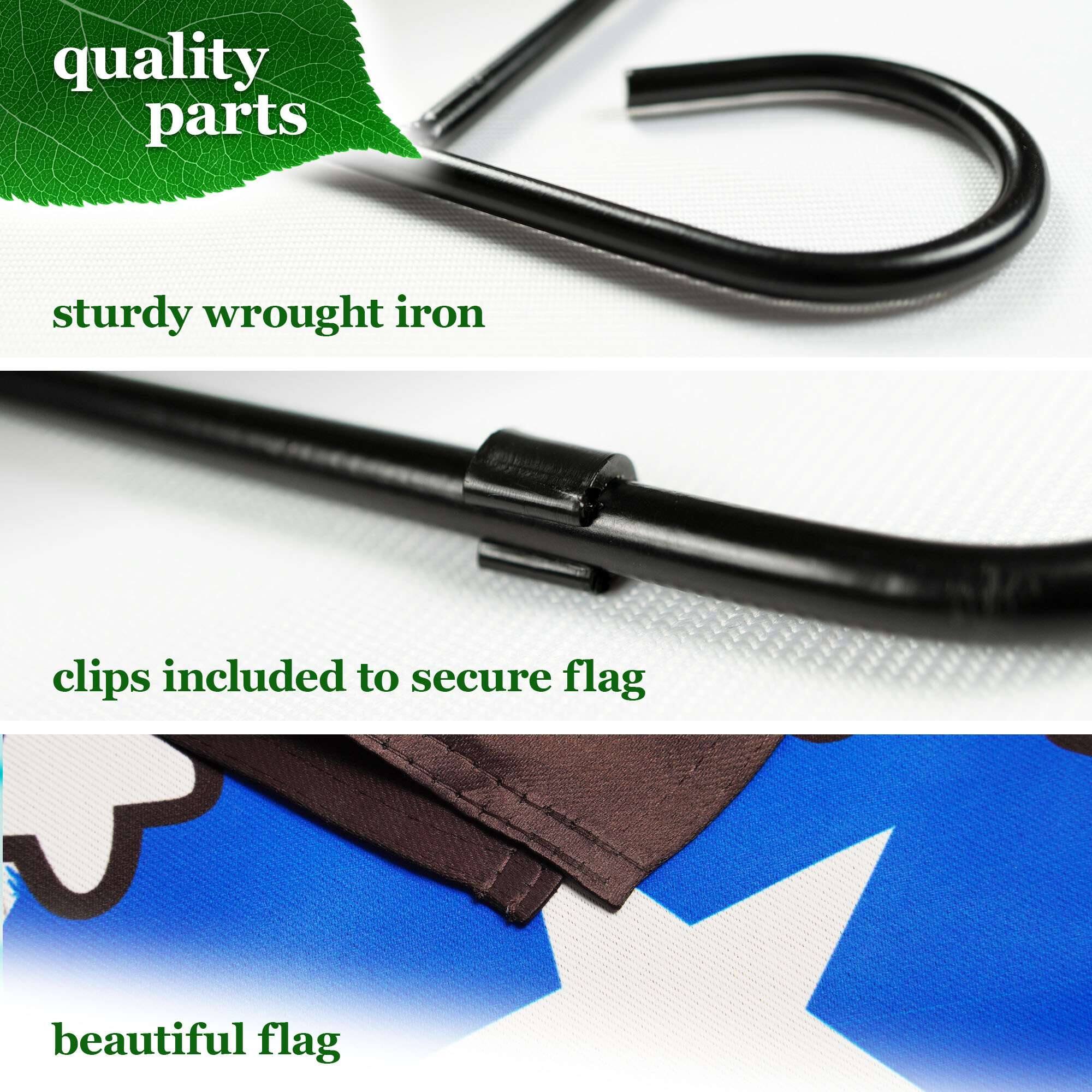quality parts  
sturdy wrought iron  
clips included to secure flag  
beautiful flag