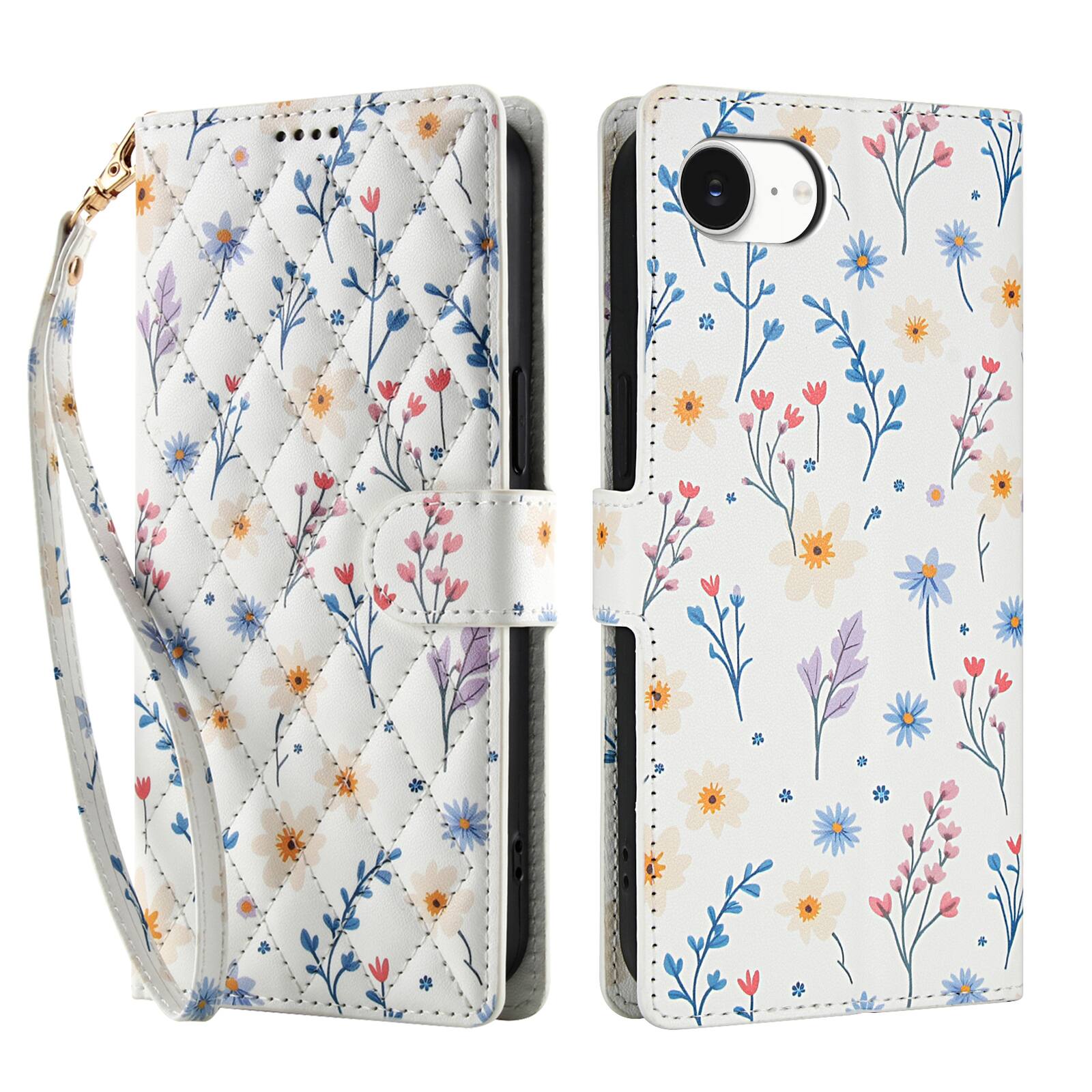 Angle. Dteck - Floral Wallet Case for Apple iPhone 17e with Wrist Strap, Premium PU Leather Shockproof Protective Flip Kickstand Cover - E.