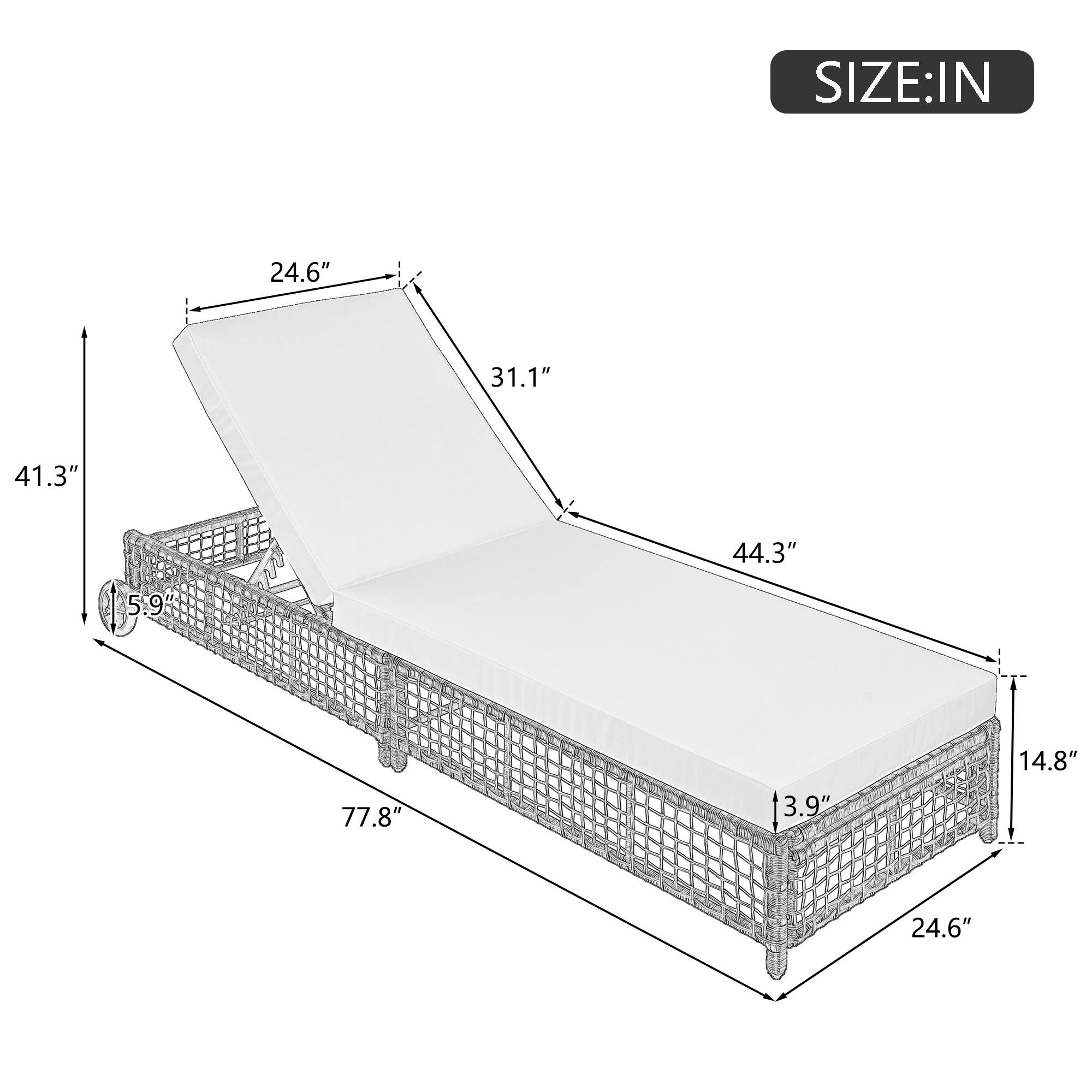 SIZE: IN  
24.6" 31.1" 41.3" 44.3" 5.9" 14.8" 77.8" 3.9" 24.6"
