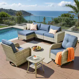 Ovios - 7 PCS Patio Furniture Set, Rattan Sectional Sofa with Swivel Chair, Ottoman & Side Table - Denim Blue