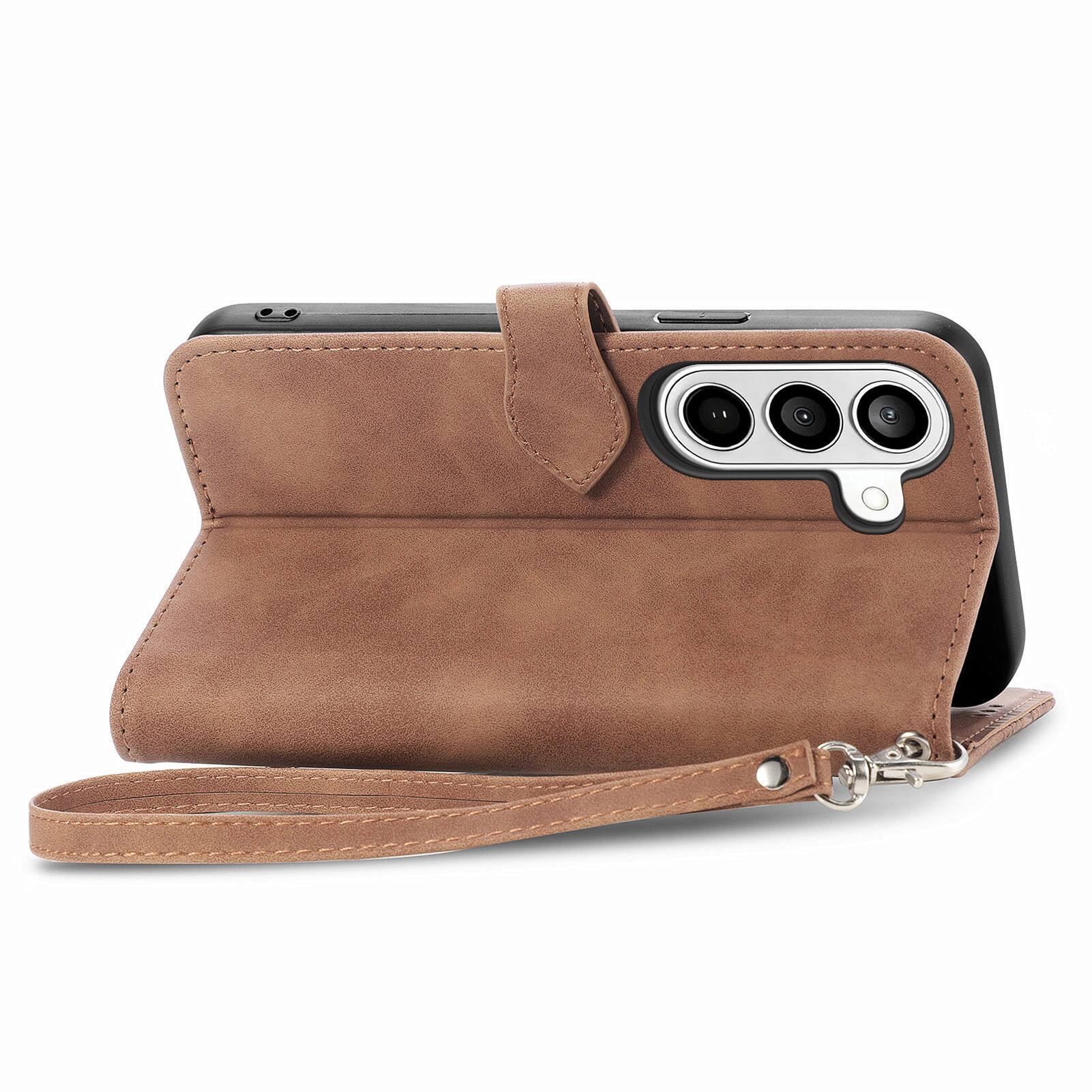 Left. Dteck - for Samsung Galaxy S26+ Slim Wallet Case,Folio Shockproof PU Leather Card Holder Cover with Zipper Pocket & Wrist Strap - Brown.
