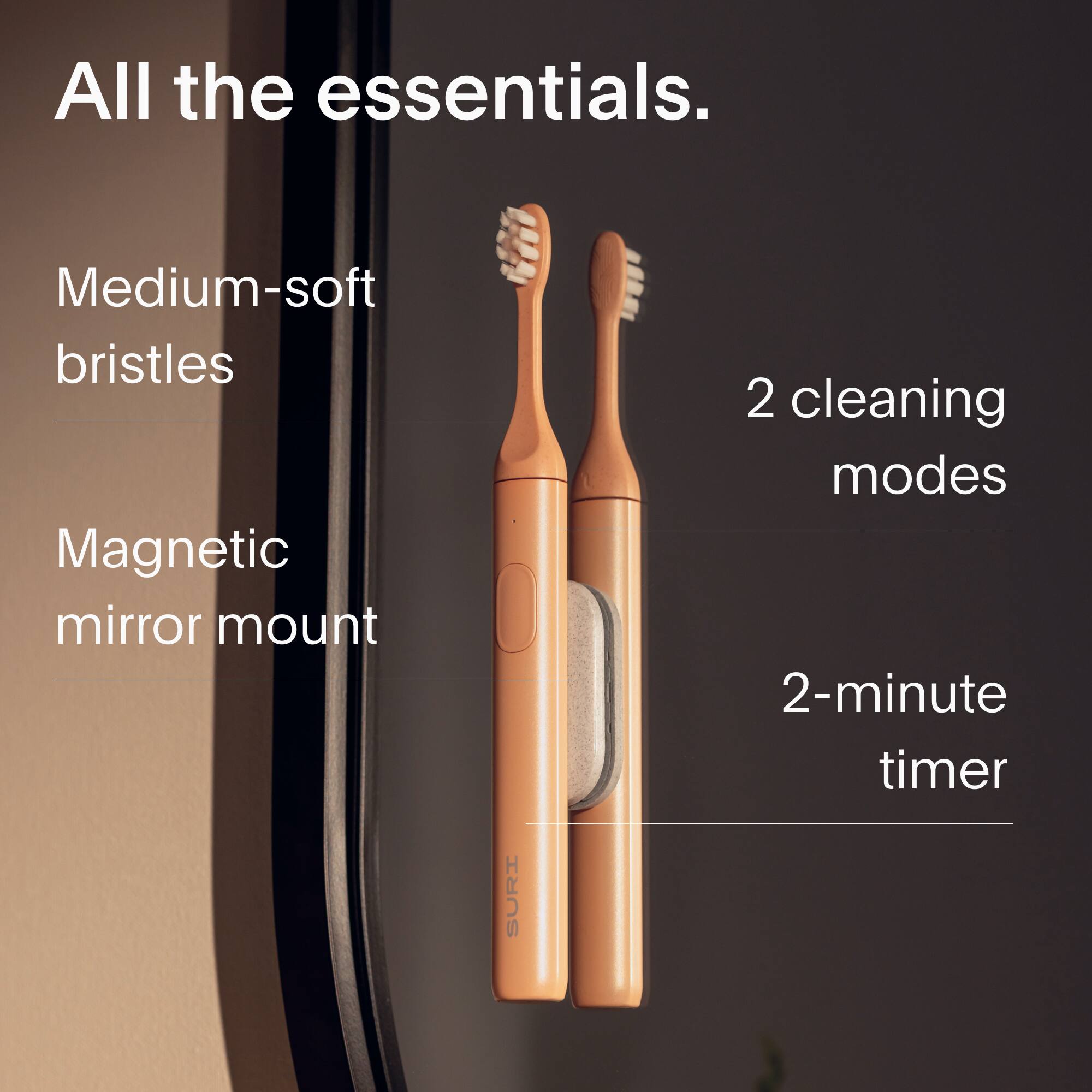 All the essentials.
- Medium-soft bristles
- Magnetic mirror mount
- 2 cleaning modes
- 2-minute timer