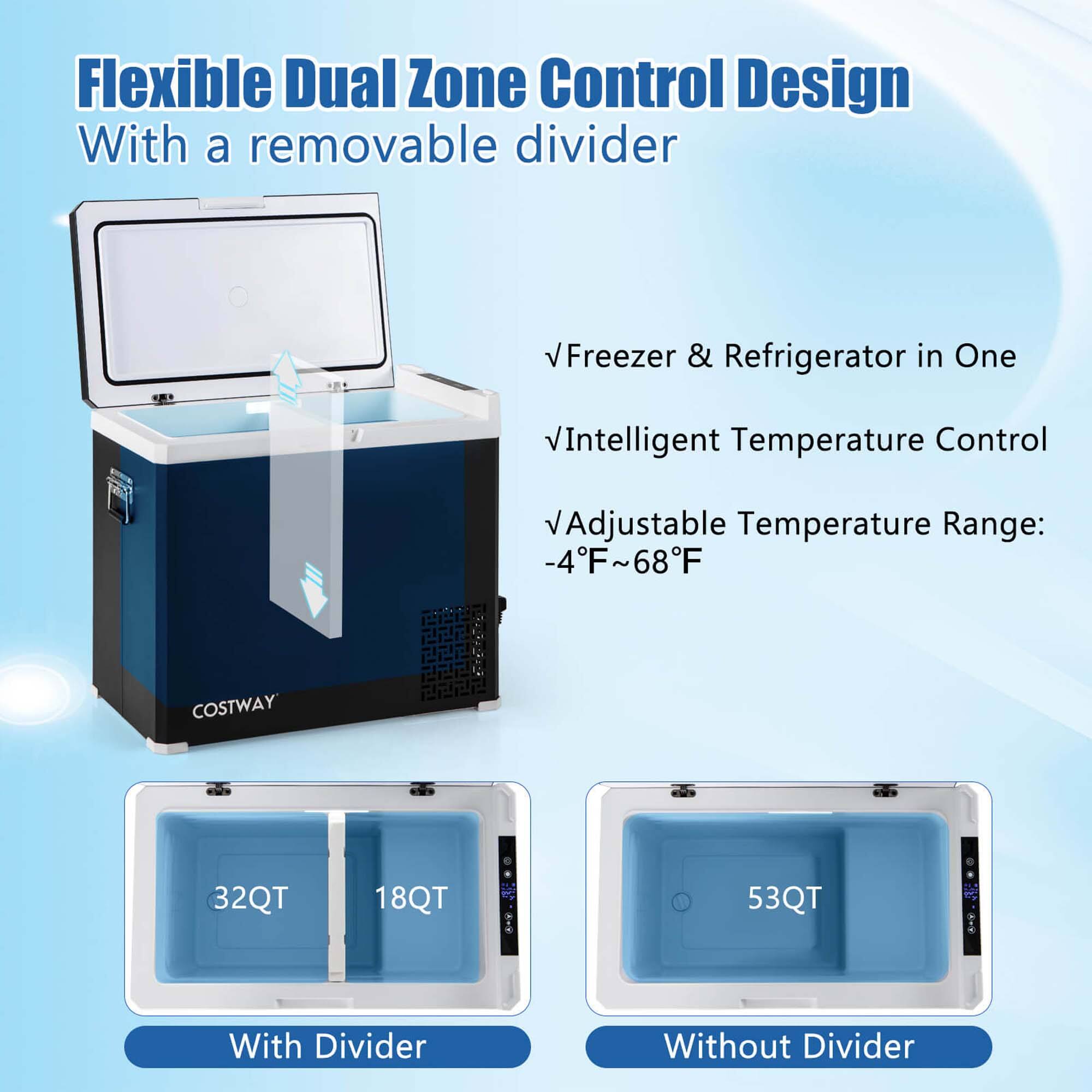 Flexible Dual Zone Control Design: With a removable divider, this freezer and refrigerator combo offers intelligent temperature control and adjustable temperature range of -4F to 68F. The Costway 32QT, 18QT, and 53QT models are available with or without a divider.