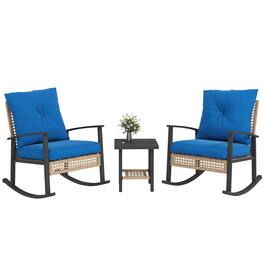 Resenkos - 3-Piece Patio Furniture Set,Button Tufted Cushions, Rattan Rocking Chairs, Coffee Table - Blue