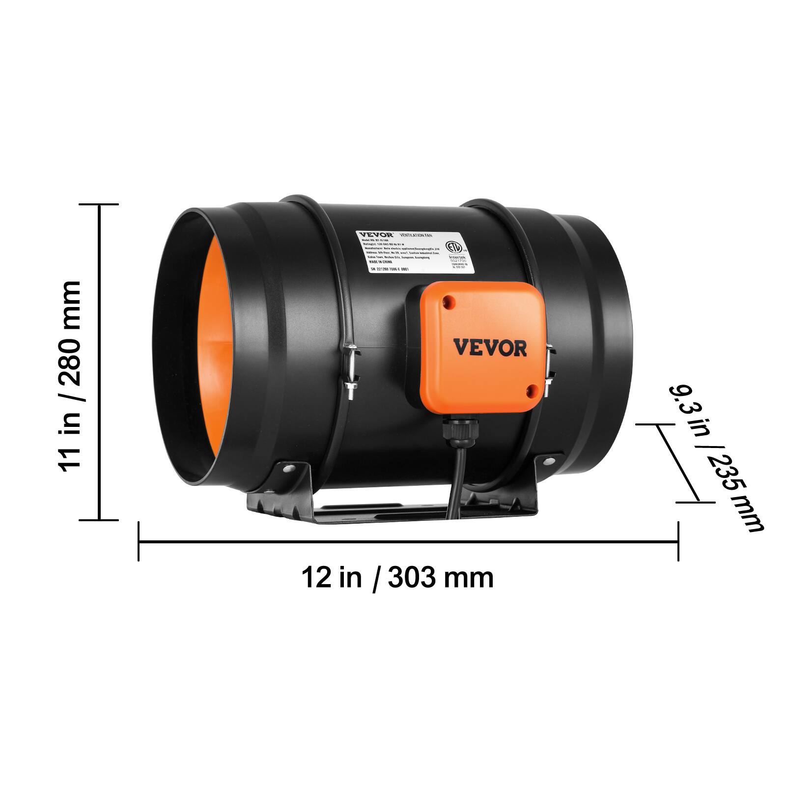 mm 280 / in 11  
EVOR C : I | I I - I : I 1 - : | - I - - - I - - | - I - -  
VEVOR 12 in / 303 mm  
9.3 in / 235 mm