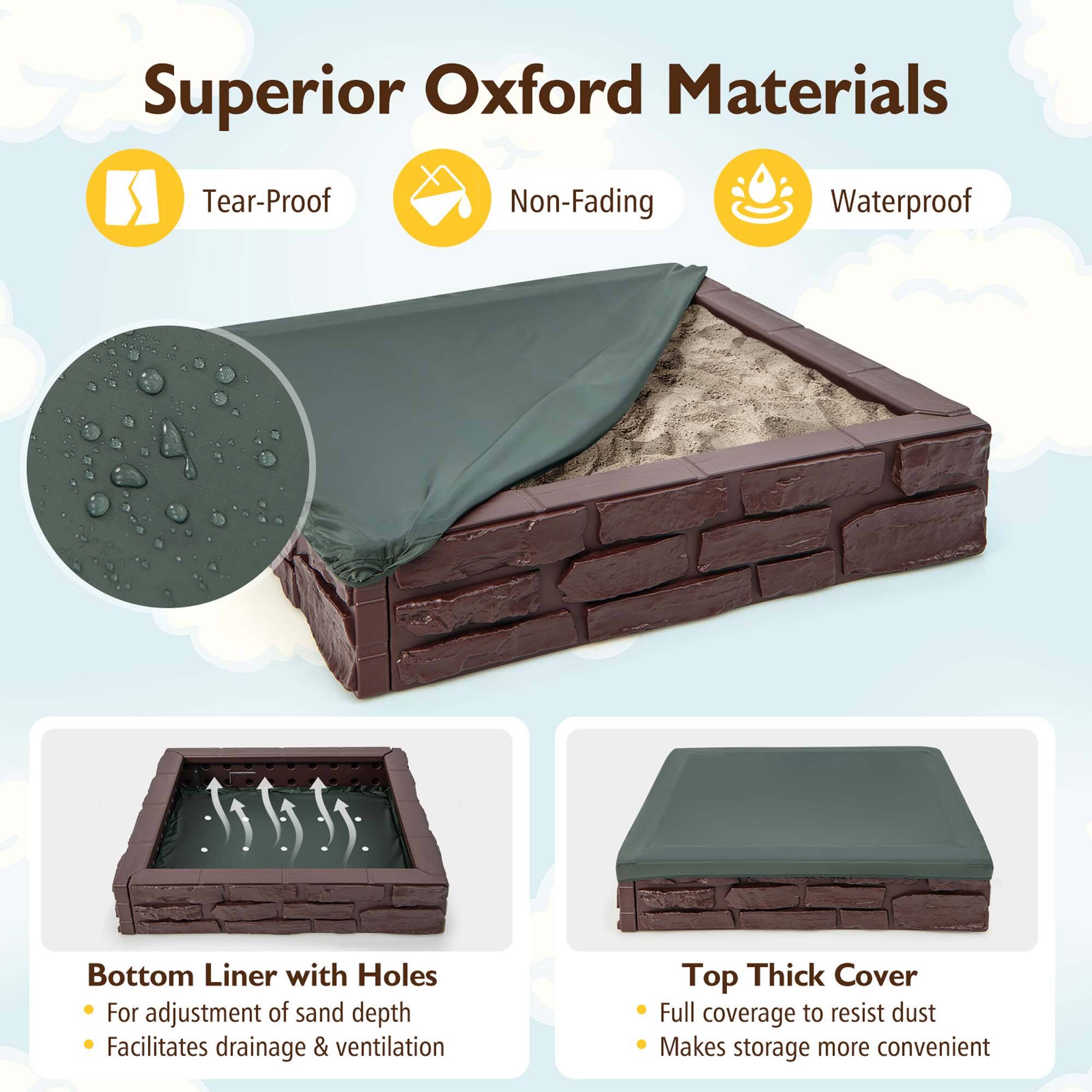 Superior Oxford Materials

- Tear-Proof
- Non-Fading
- Waterproof

Bottom Liner with Holes
- For adjustment of sand depth
- Facilitates drainage & ventilation

Top Thick Cover
- Full coverage to resist dust
- Makes storage more convenient