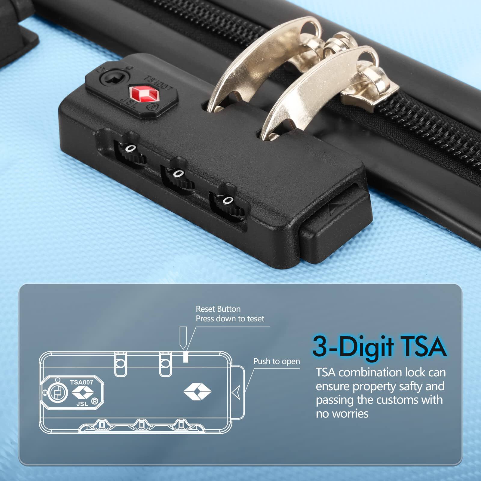 2 181007 JL o TSA007 T R JSL 0  
Reset Button  
Press down to test  
3-Digit TSA  
Push to open  
TSA combination lock can ensure property safety and passing the customs with no worries