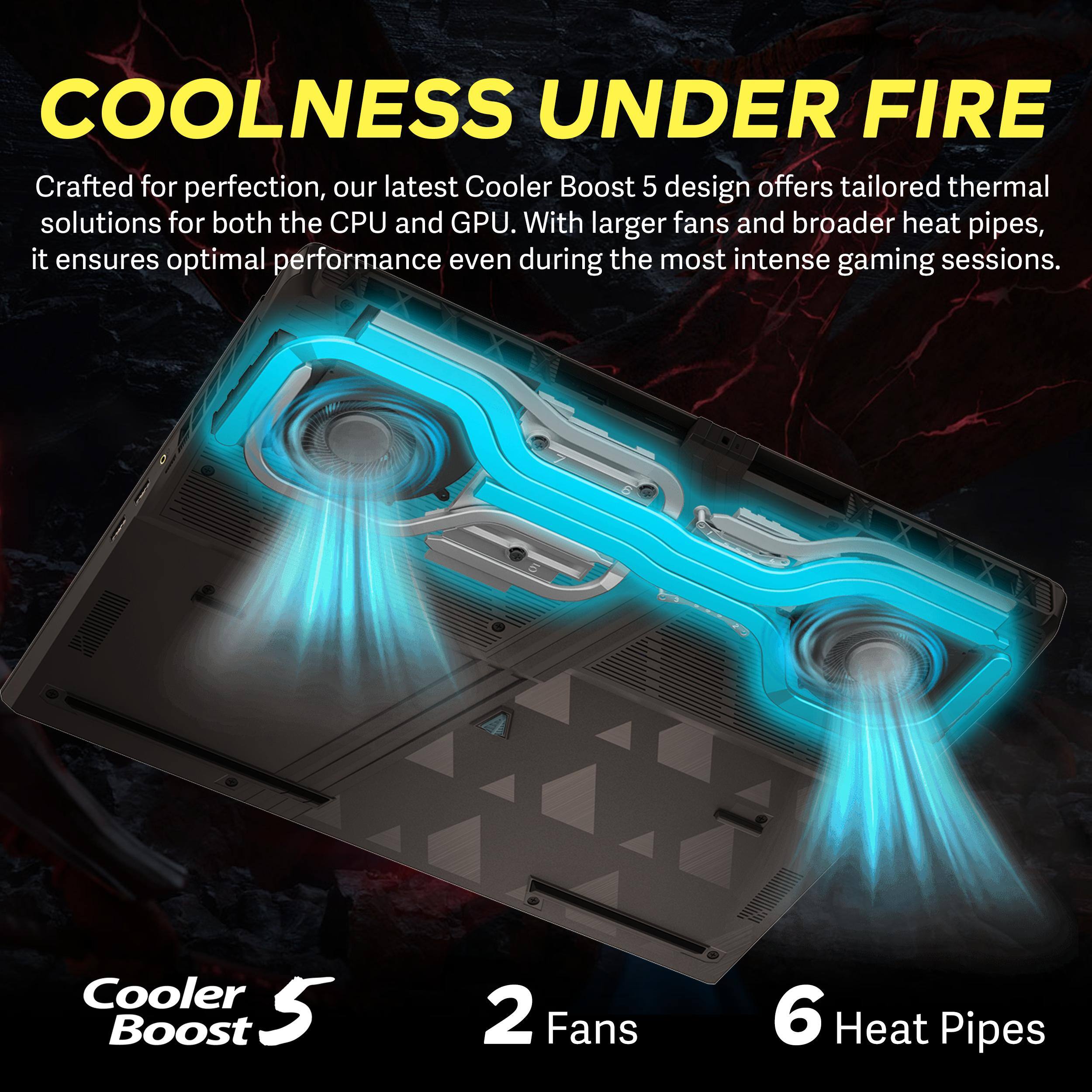 COOLNESS UNDER FIRE  
Crafted for perfection, our latest Cooler Boost 5 design offers tailored thermal solutions for both the CPU and GPU. With larger fans and broader heat pipes, it ensures optimal performance even during the most intense gaming sessions.  
Cooler Boost 5  
2 Fans  
6 Heat Pipes