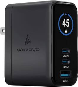 Wozoyo - 45W Smart LED GaN Charger, 2X Type-C & USB-A, Superfast 2.0, PD/PPS/QC 3.0, Foldable Plug, iPhone, iPad, Black - Black