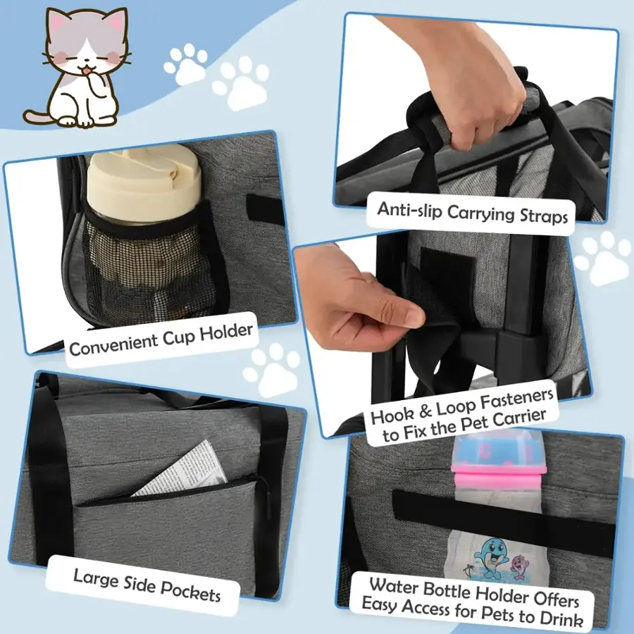 The text on the image is grouped as follows:

1. Anti-slip Carrying Straps
2. Cup Holder
3. Convenient Loop Fasteners
4. Hook & Carrier
5. Fix the Pet to Go
6. Large Side Pockets
7. Water Bottle Holder
8. Easy Access
9. Offers for Pets to Drink

The text is now grouped and corrected.