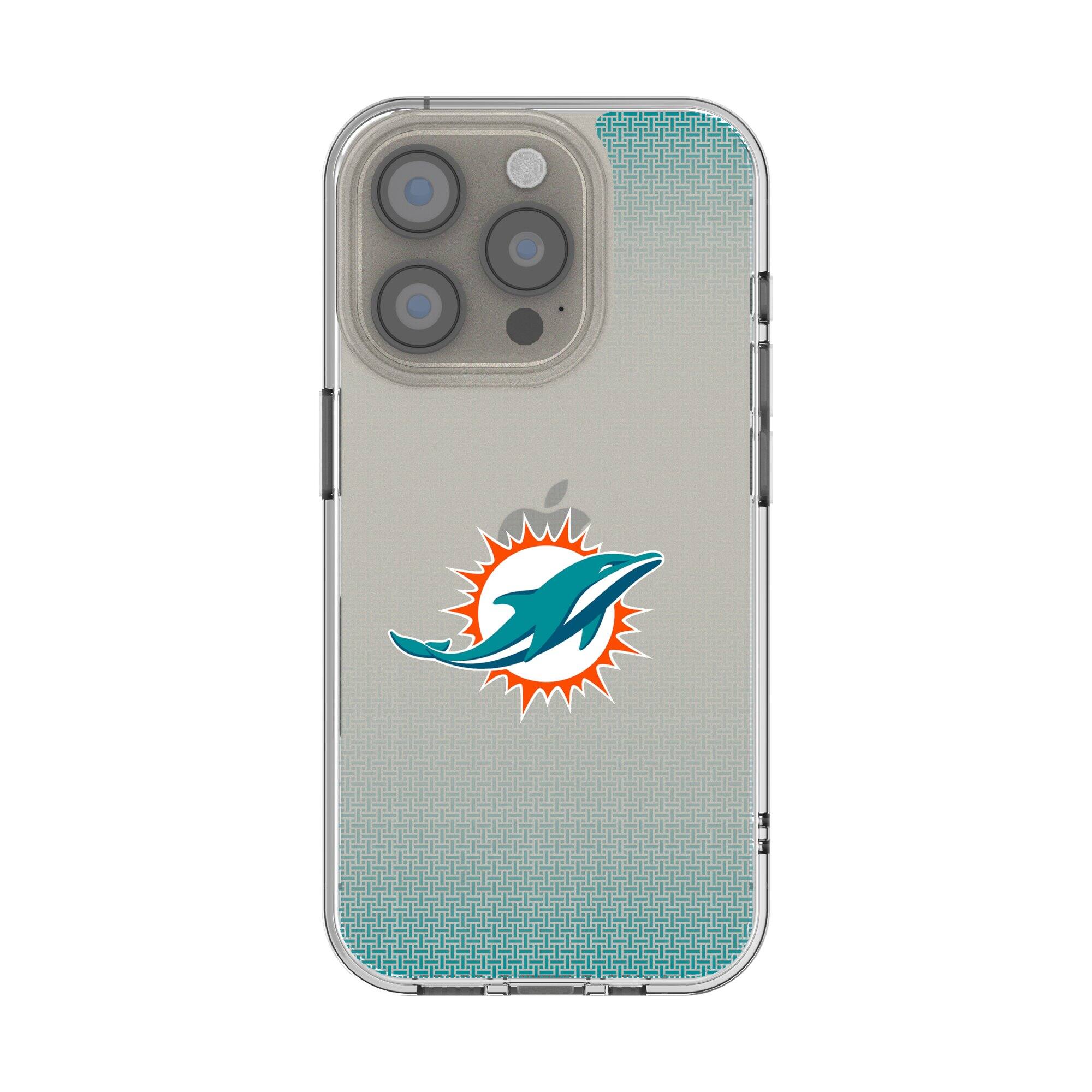 Front. Keyscaper - Miami Dolphins Linen Logo iPhone Clear Case - 14 Plus - Multicolor.