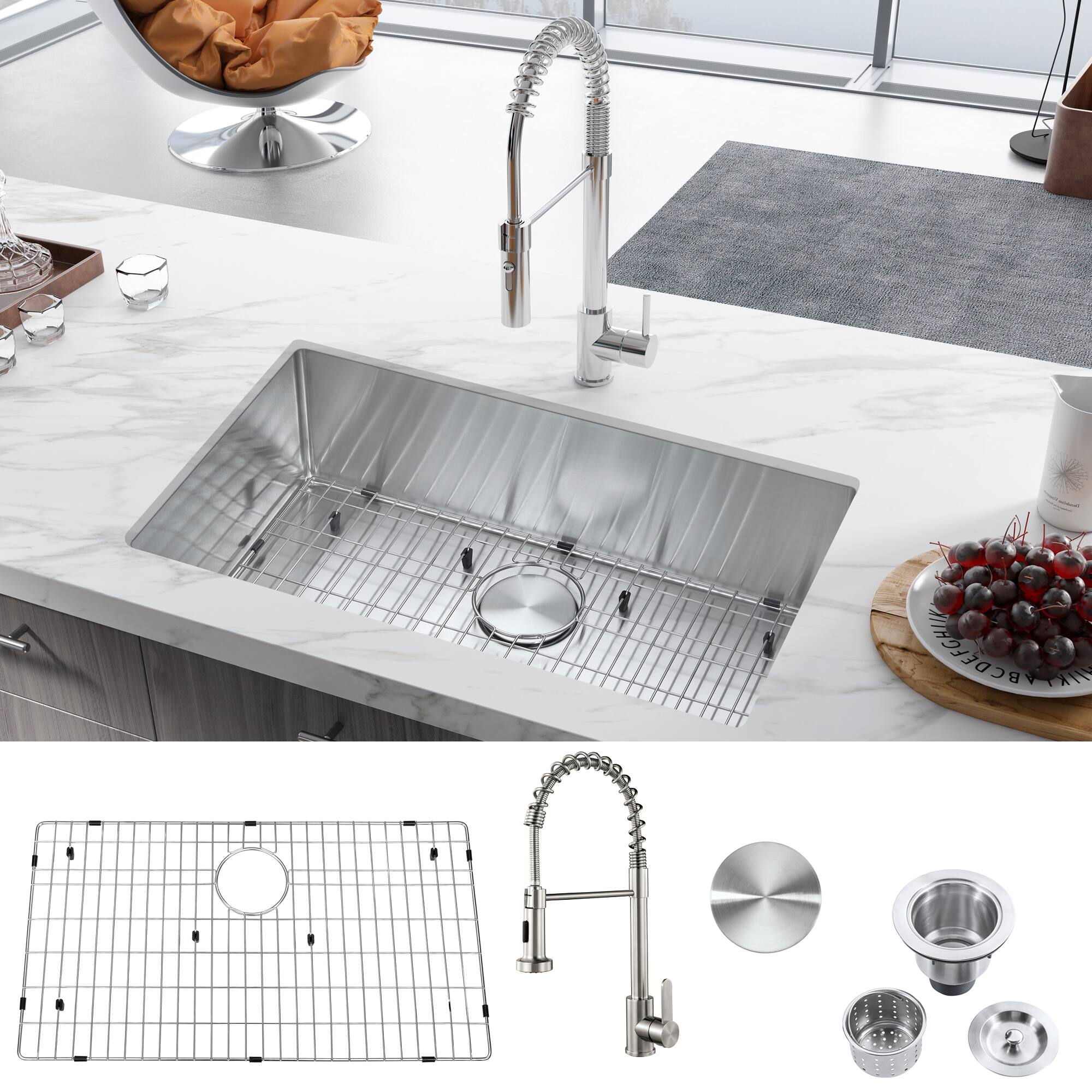 Angle. Akicon - Akicon 30 in. Undermount Single Bowl 18-Gauge Kitchen Sink and Pull-Down Faucet with Bottom Grid and Basket Strainer - Silver.