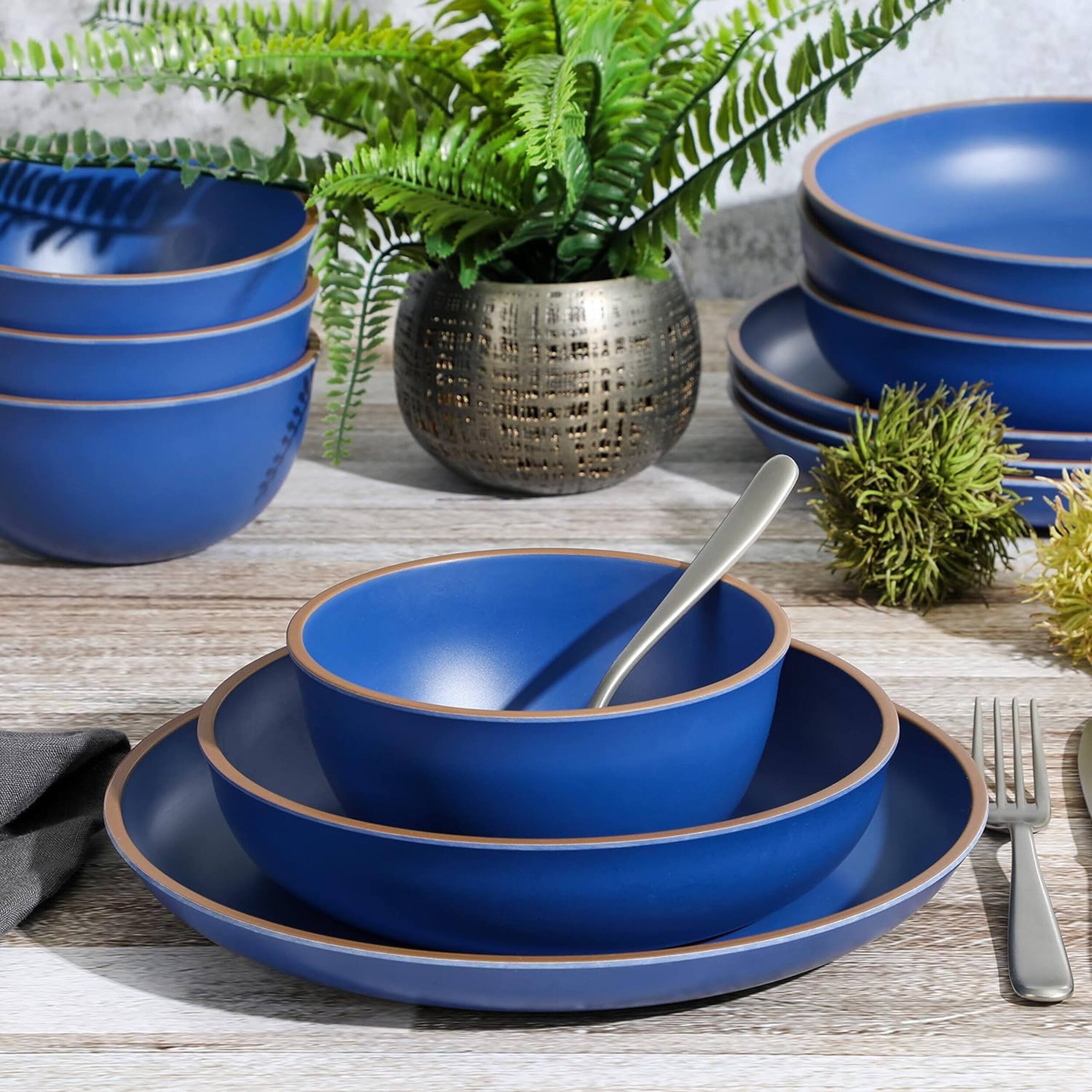 Alt View 2. Gibson - Gibson Home Rockabye 12 Piece Double Bowl Malemine Dinnerware Set in Blue - Blue.