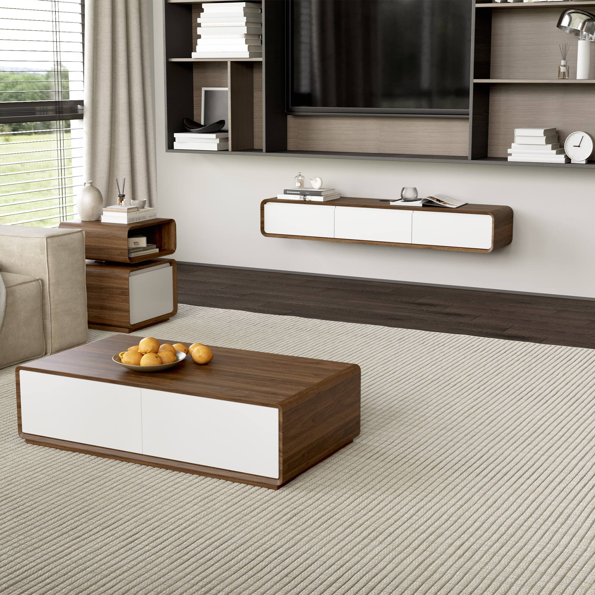 Alt View 4. POVISON - 18" Modern Minimalist Side Table with Drawer, Small End Table with Storage for Living Room,Walnut & White - Walnut & White.