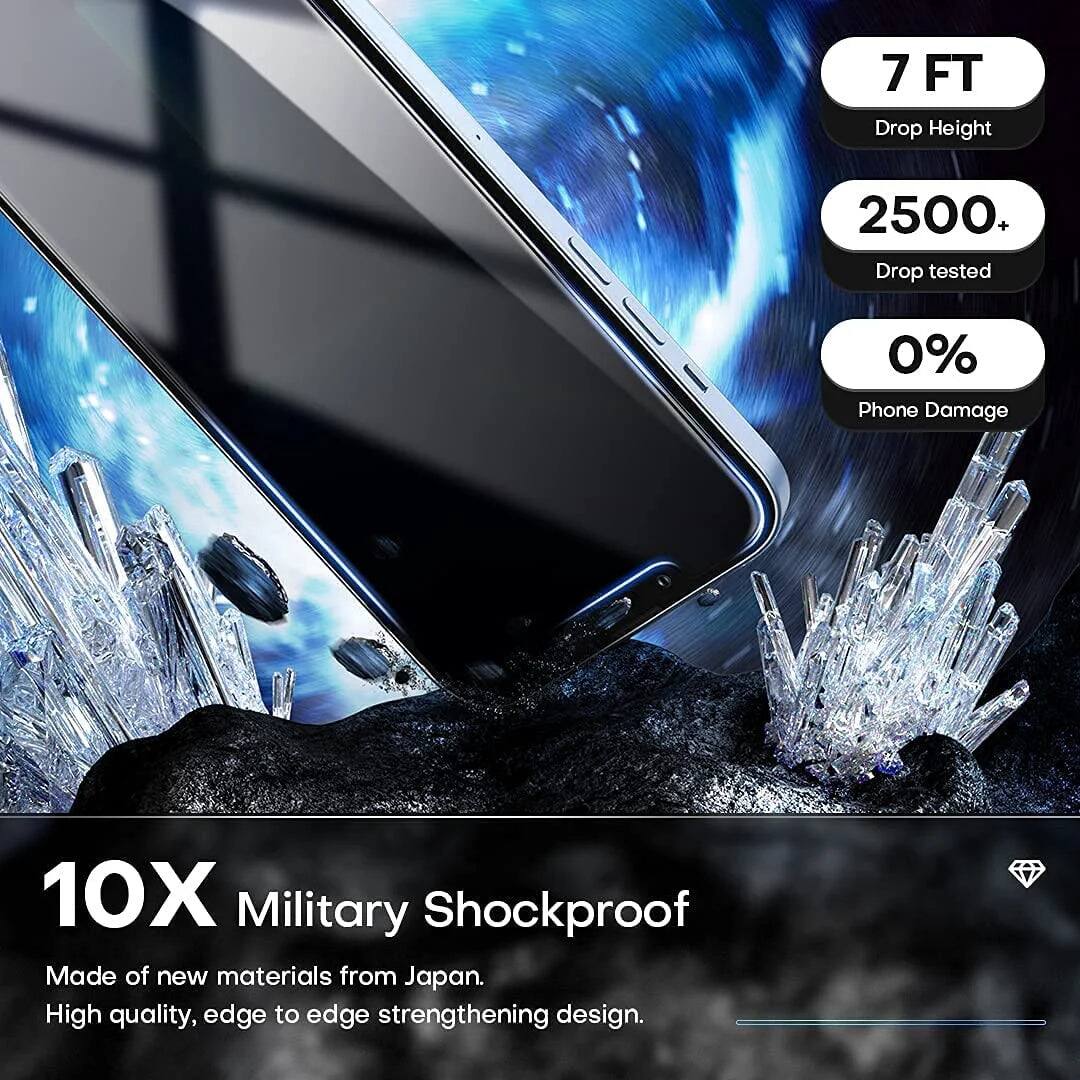 7 FT Drop Height  
2500+ Drop tested  
0% Phone Damage  

10X Military Shockproof  
Made of new materials from Japan.  
High quality, edge to edge strengthening design.