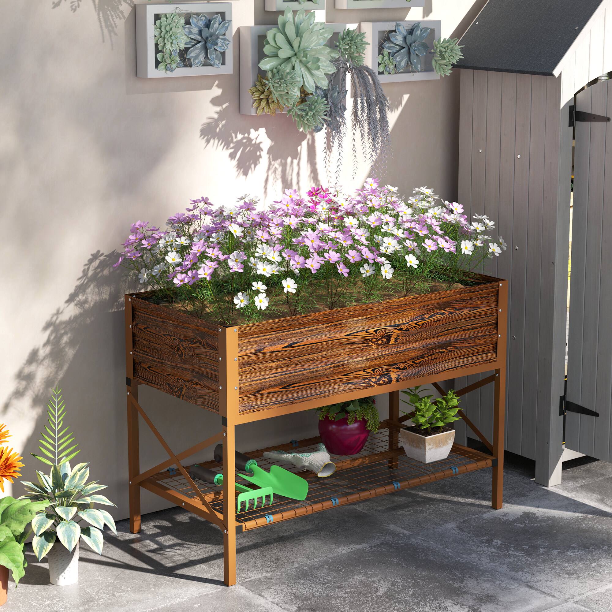 Alt View 1. Outsunny - Raised Garden Bed, Metal Planter Box with Legs, Storage Shelf and Bed Liner - Brown.