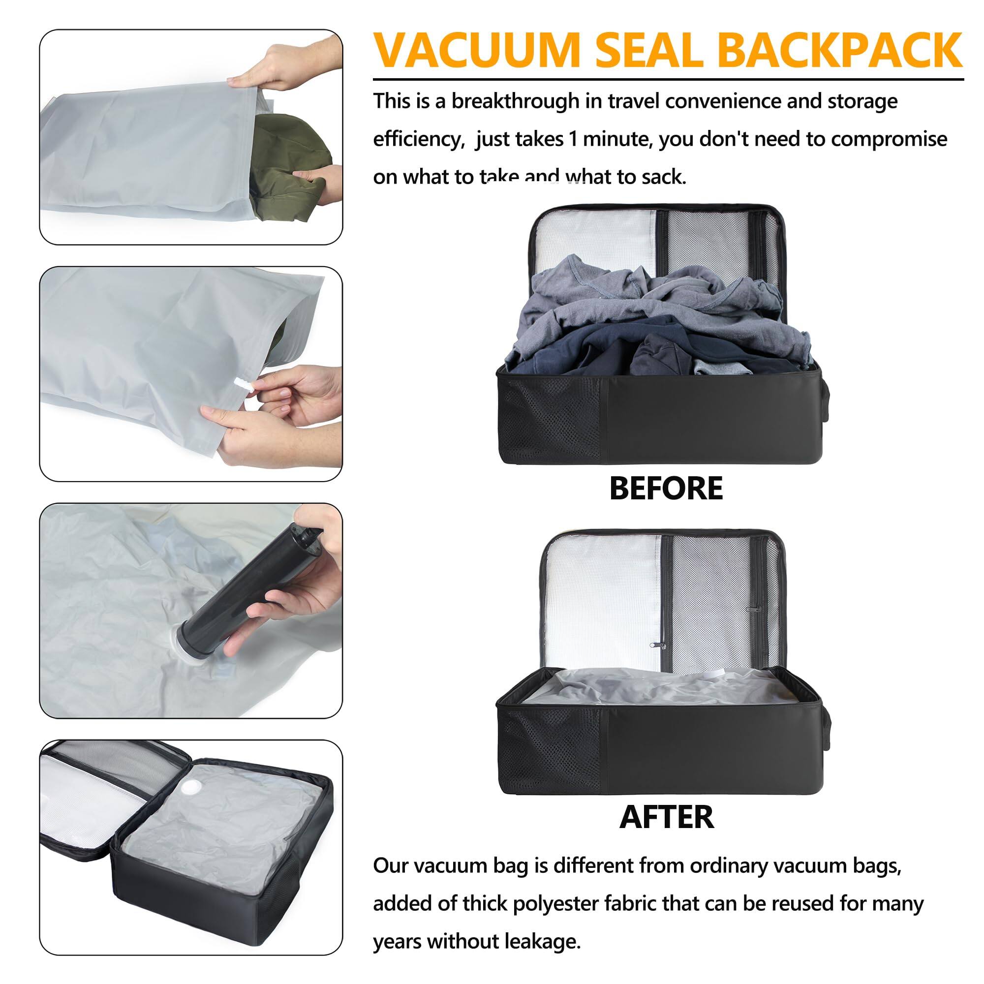 Left. Live At Space - Travel Vacuum Backpack  60l Seal Air Vac Pack With Pump Carry On Suitcase Luggage Flight Approved For Men Women - Navy Blue-50-60L.