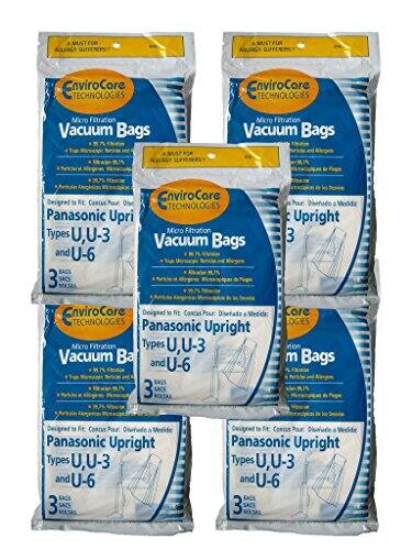 & MUST FOR ALLERGY SUFFERERS! EnviroCore TECHNOLOGIES Micro Filtration Vacuum Bags Designed to Fit Panasonic Upright Types U, U-3 and U-6 3 BAGS 3 SACS ROSA Designed to Fit Panasonic Upright Types U, U-3 and U-6 3 BAGS 3 SACS ROSA Designed to Fit Panasonic Upright Types U, U-3 and U-6 3 BAGS 3 SACS ROSA