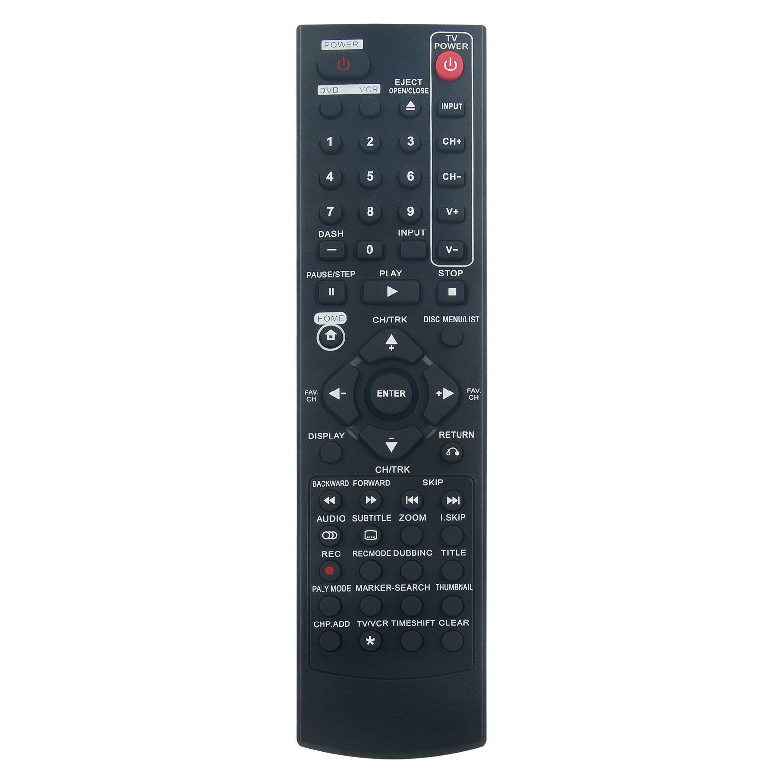 POWER  
TV POWER  
DVD  
EJECT VCR OPENCLOSE  
INPUT  
1  
2  
3  
CH+  
4  
5  
6  
CH-  
7  
8  
9  
V+  
DASH -  
0  
INPUT  
V-  
PAUSE/STEP  
PLAY  
STOP  
II  
HOME  
CH/TRK DISC MENULIST  
+  
FAV. CH  
ENTER  
+  
FAV. CH  
DISPLAY  
RETURN  
CH/TRK BACKWARD FORWARD SKIP  
AUDIO SUBTITLE ZOOM I.SKIP  
REC RECMODE DUBBING TITLE  
PLAYMODE MARKER-SEARCH THUMBNAIL  
CHP.ADD TV/VCR TIMESHIFT CLEAR