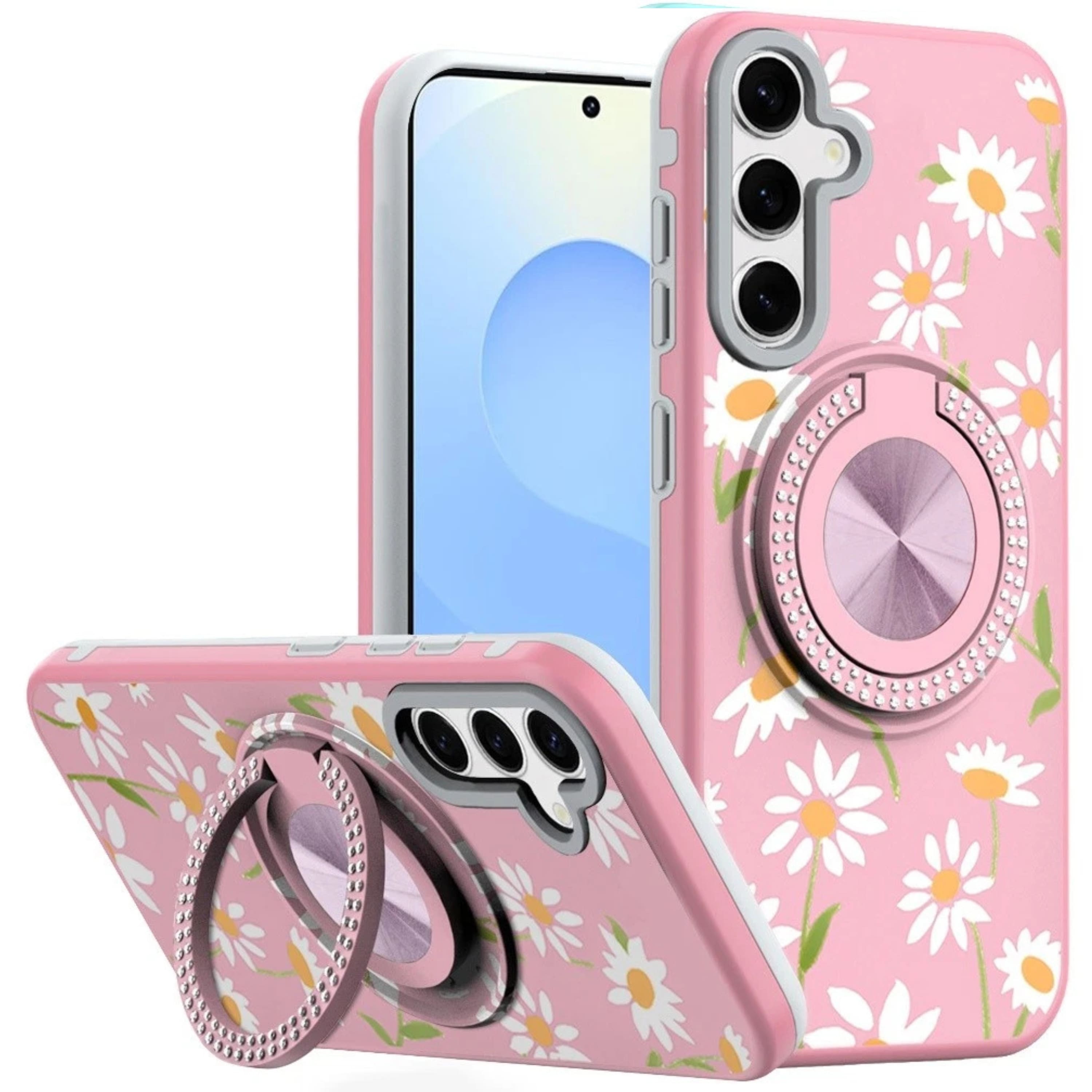 Kitcheniva - Printed Design Ring Stand Case With Tempered Glass For Samsung S25 Plus S24 Plus - Floral Pink price history on PriceWatchPro