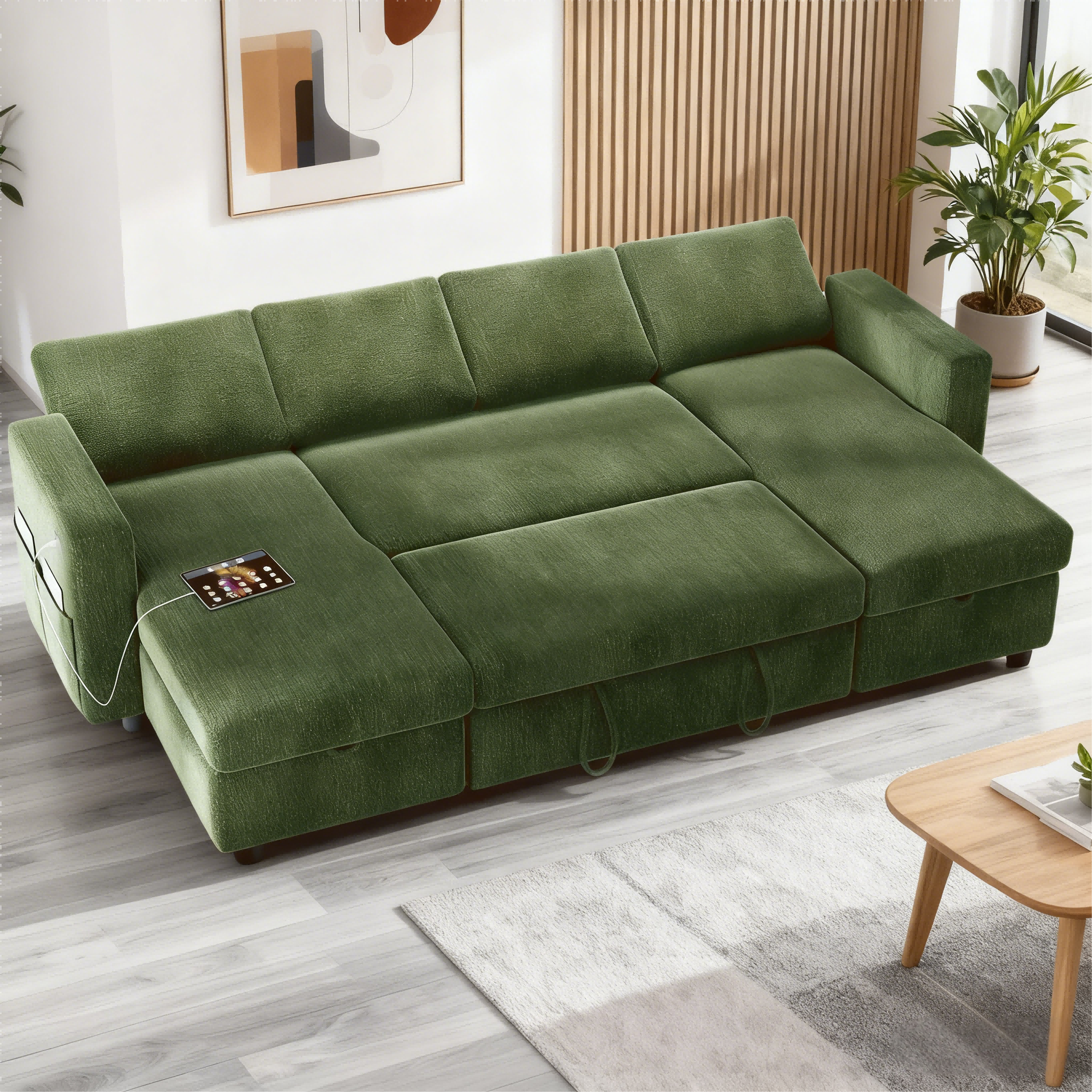 Front. Dyonery - Dyonery 105-inch four-seat pull-out bed with storage space and side pockets, adjustable backrest, convertible sofa bed - Green.