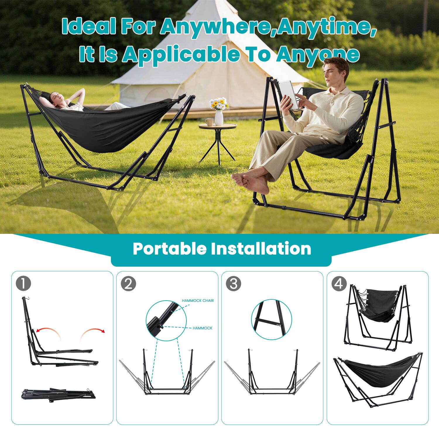 Ideal For Anywhere, Anytime, It Is Applicable To Anyone

Portable Installation

1. [Image of the hammock chair in parts]
2. [Image showing the hammock chair and hammock]
3. [Image showing the assembly of the frame]
4. [Image showing the hammock chair fully assembled]