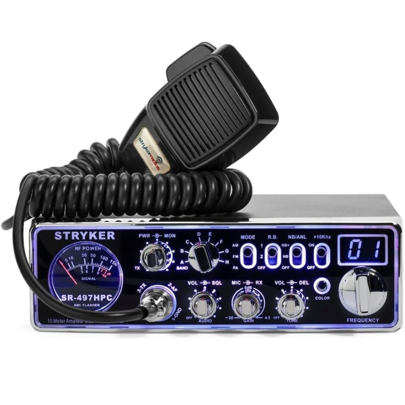 STRYKER  
PWR d RF POWER 30 50 100 110 150 1 TX 5675 1 a SIGNAL -40 3-TX SR-497HPC AWI FLASHER 10 Meter Amateur MON D E MODE R.B. NB/ANL 10Khz C F AM 1 NB+ ON G F FM 2 NB A H BAND PA OFF OFF OFF VOL SQL MIC RX VOL DEL 2-AF a de COLOR 1-GND OFF AUDIO 30 GAIN +3 OFF TORE I FREQUENCY