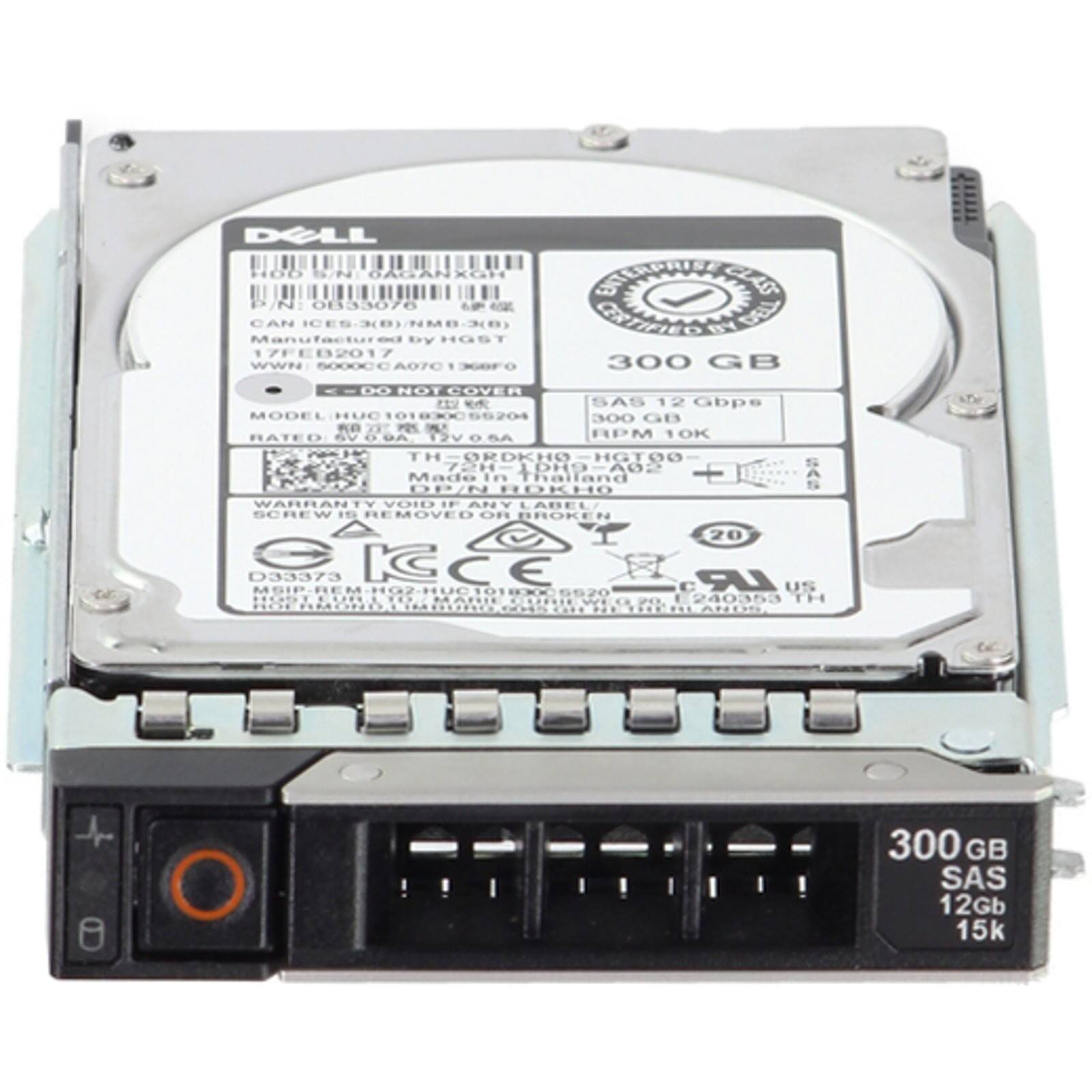 DGLL SLAPIUE CLAR 0833076 - CAN ICES-XB)/NMB-X(B) CaMMO BY DELL  
Manufactured DV HOSY 17FEB2017  
WWN 500000 ADTC 68FO  
300 GB DO NOT COVER  
SAS 12 Gbps  
MODEL HUO T010300 60204  
300 GB  
KO 2 PC  
RATED Va DA 12V 0.6A  
RPM 10K  
THORDKHO HGT00  
12H- DRO A02  
Made in Thailand  
DP/P FDKHO  
WARRANTY VOID . ANY LABEL/ SCREW . REMOVED on BROKEN  
20 D33373 ISCE R US MGP.RE 5520 ...... MATIE P0 240353 TH  
ANDD J  
300 GB SAS 12Gb 15k