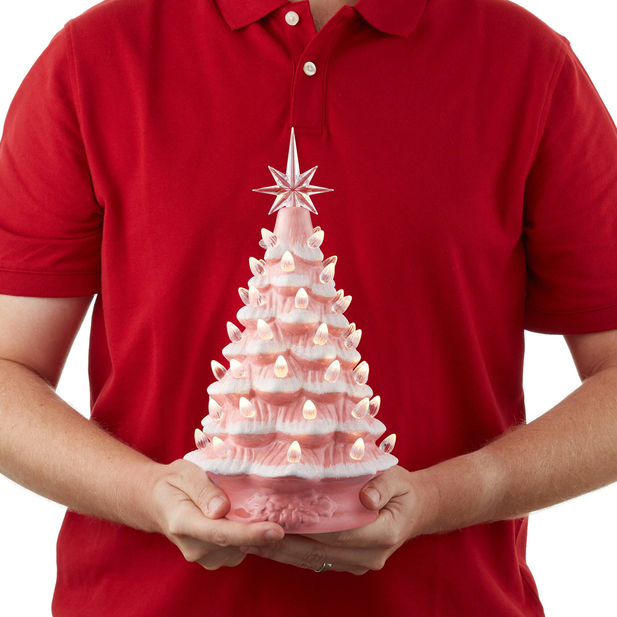 Alt View 2. Casafield - 12-in Hand Painted Ceramic Christmas Tree - Pre-Lit Tree with Star - Pink Snow Flocked.