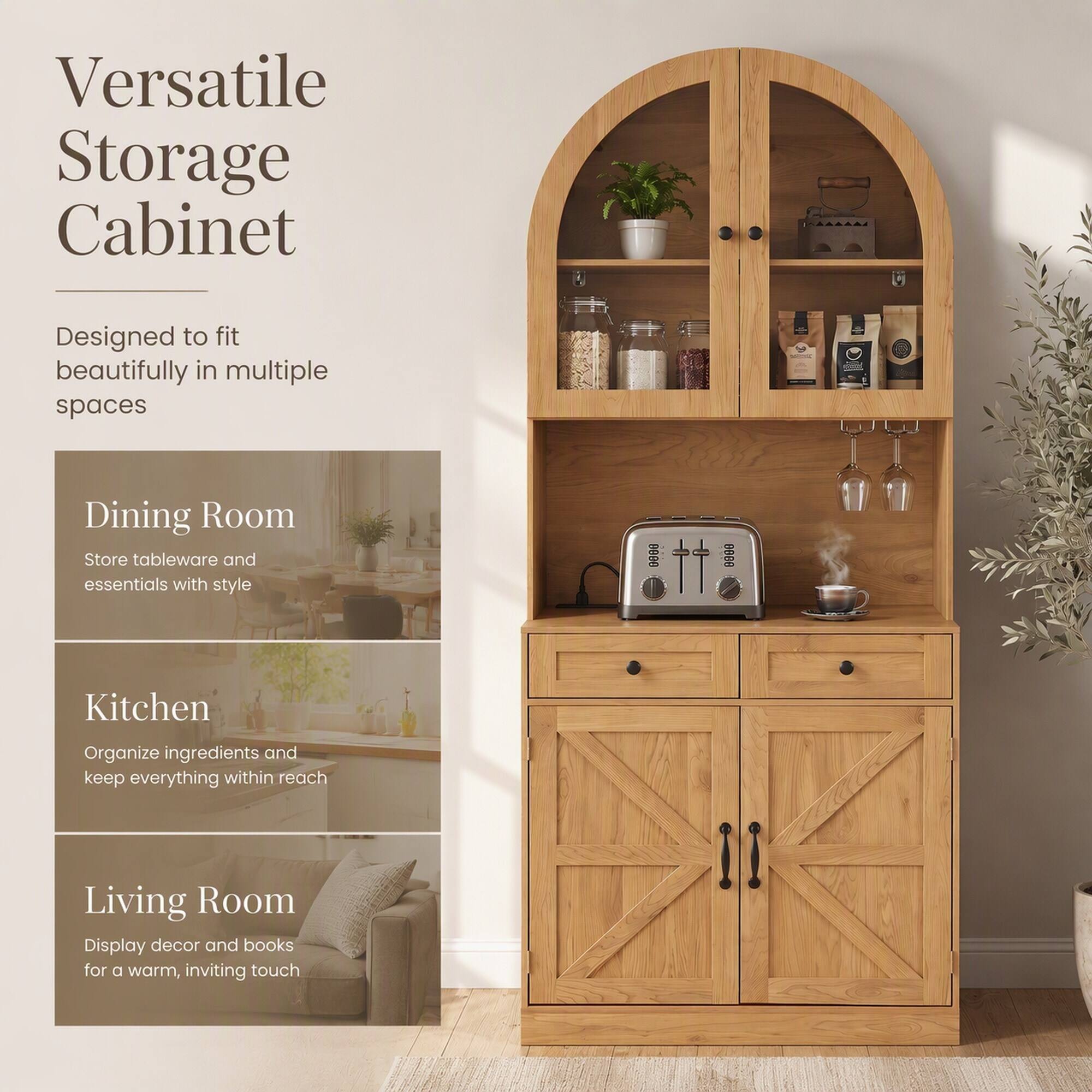 Versatile Storage Cabinet  
Designed to fit beautifully in multiple spaces  

Dining Room  
Store tableware and essentials with style  

Kitchen  
Organize ingredients and keep everything within reach  

Living Room  
Display decor and books for a warm, inviting touch